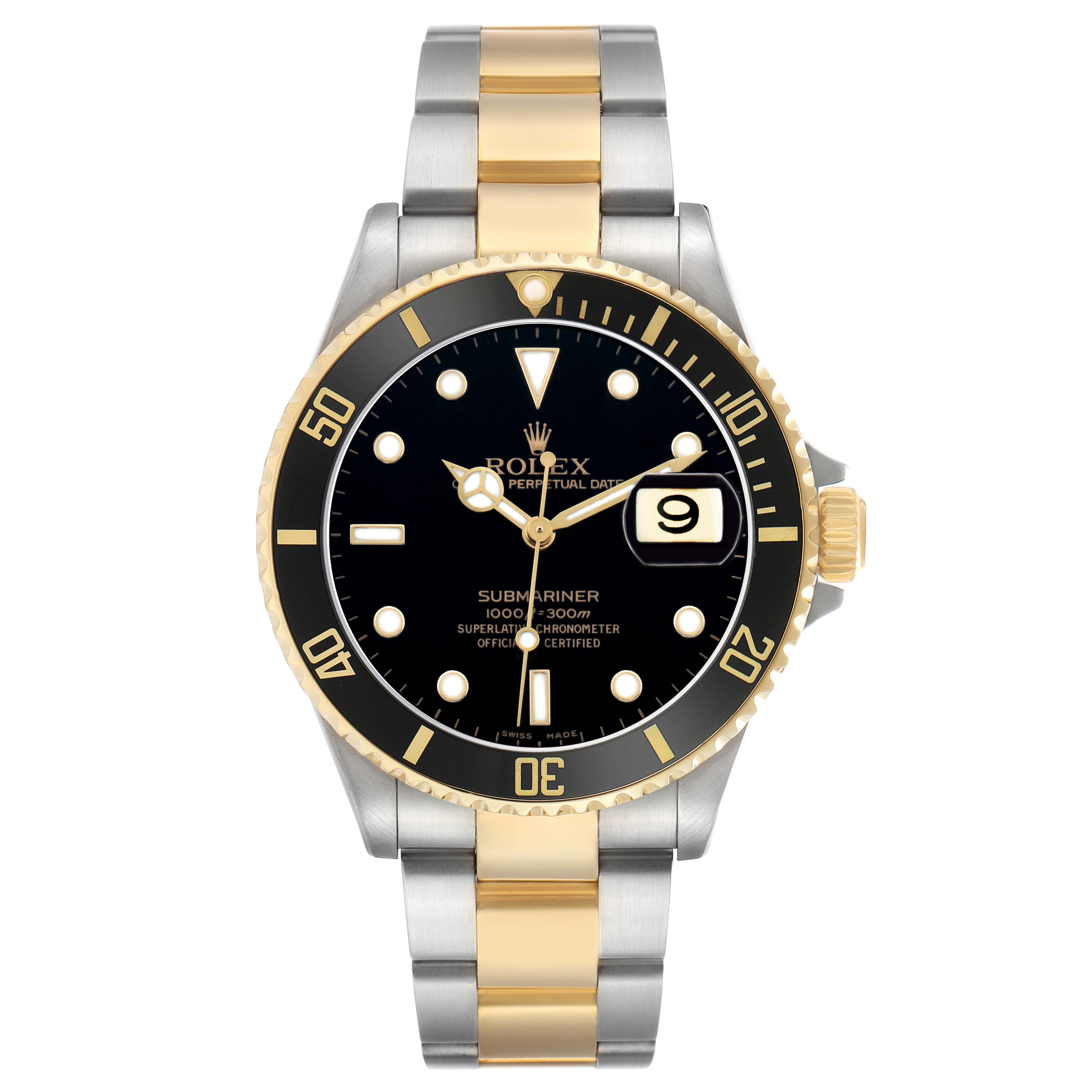 The Rolex Submariner 16613 Men's Steel and Gold (two tone) Black Dial watch is shown from the front, featuring its bezel, dial, bracelet, and crown.