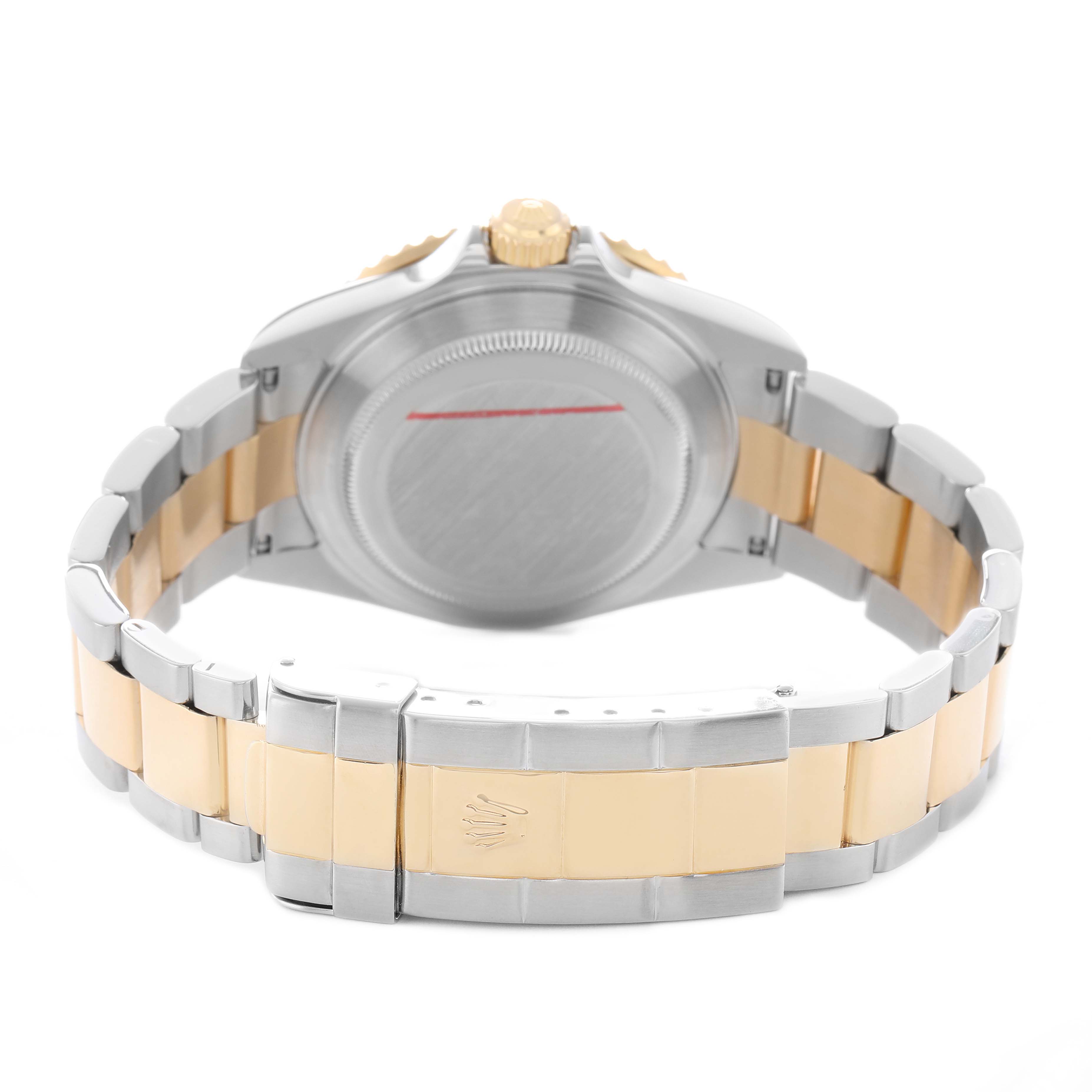 The image shows the back of a Rolex Submariner 16613 Men's Steel and Gold (two tone) Black Dial, highlighting the case back and bracelet clasp from a rear angle.