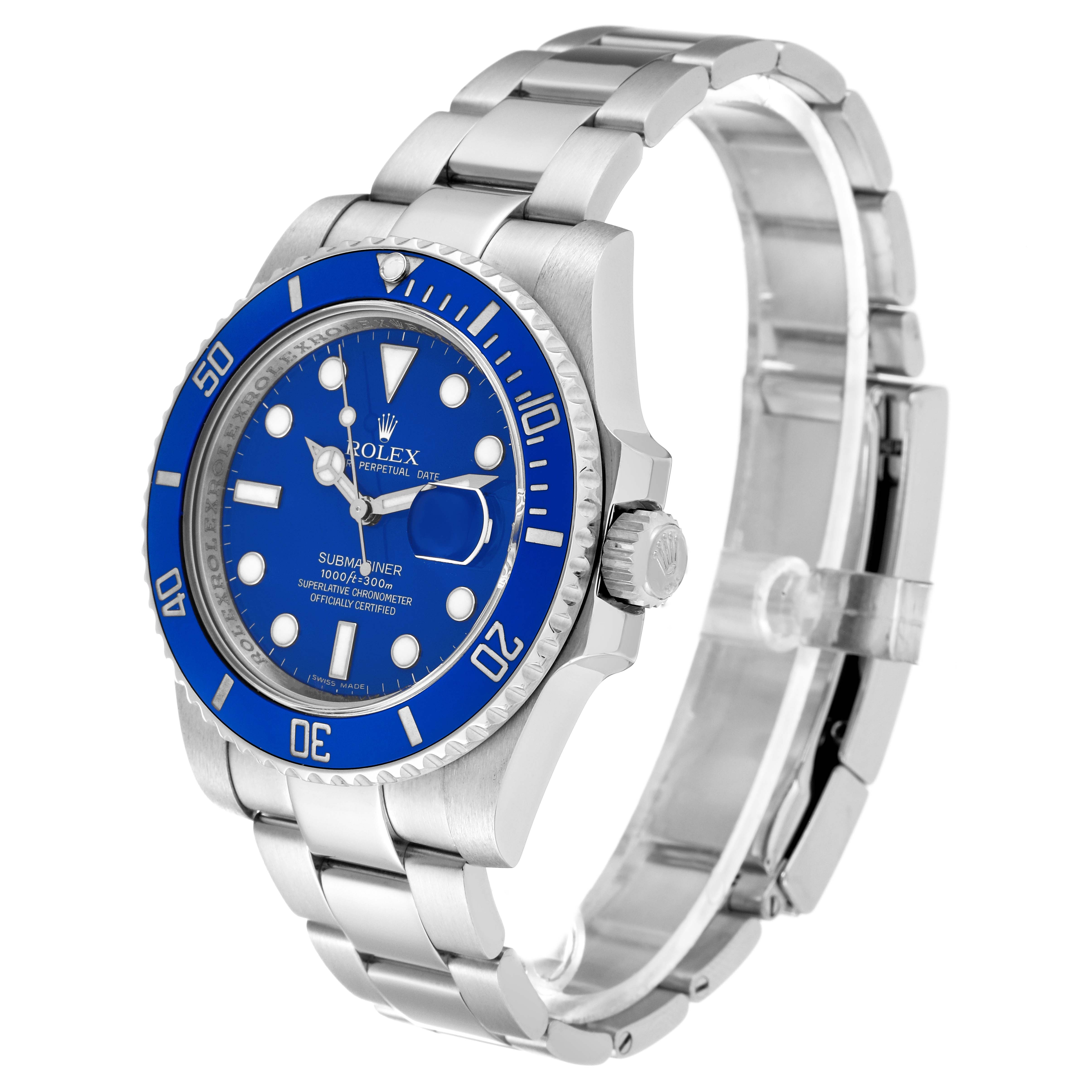 The image shows a Rolex Submariner 116619 Men's White Gold Blue Dial 116619 Men's White Gold Blue Dial watch at a three-quarter angle, highlighting its blue dial, bezel, and stainless steel bracelet.