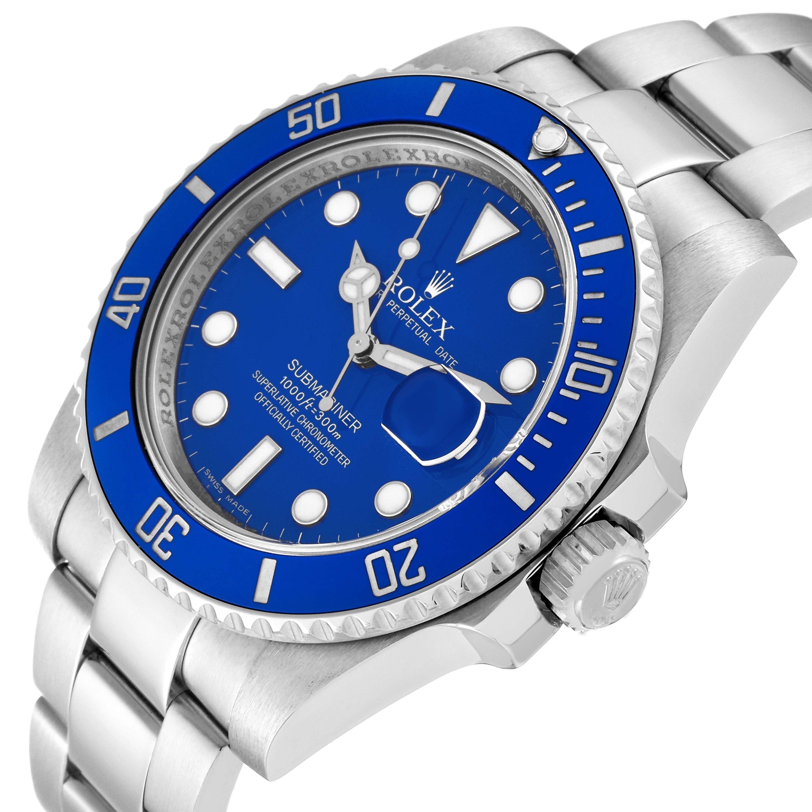 This image shows a close-up view of the Rolex Submariner 116619 Men's White Gold Blue Dial 116619 Men's White Gold Blue Dial watch at an angle, displaying the dial, bezel, bracelet, and crown.