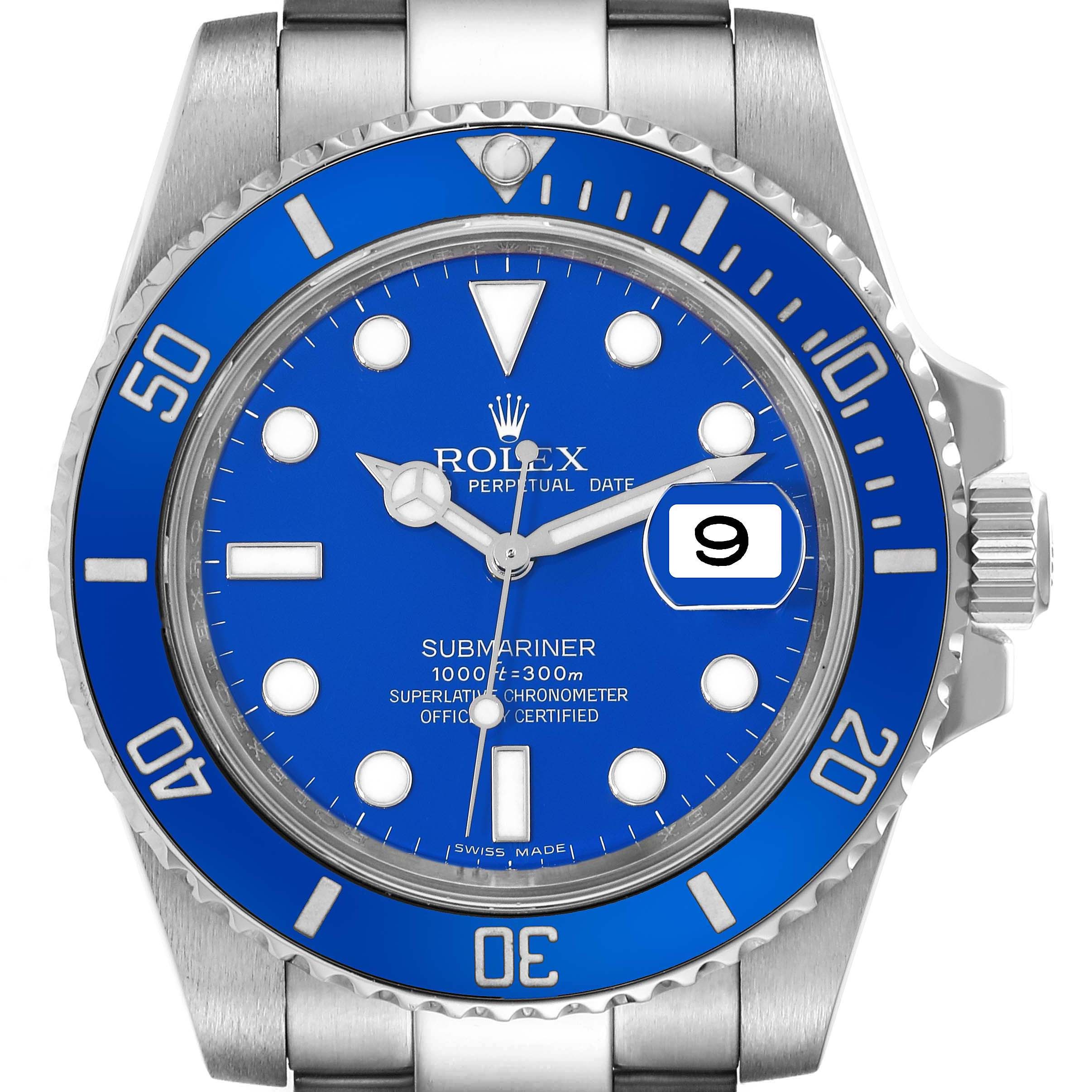 This image shows a frontal view of the Rolex Submariner 116619 Men's White Gold Blue Dial 116619 Men's White Gold Blue Dial watch, displaying its blue dial, bezel, and date window.