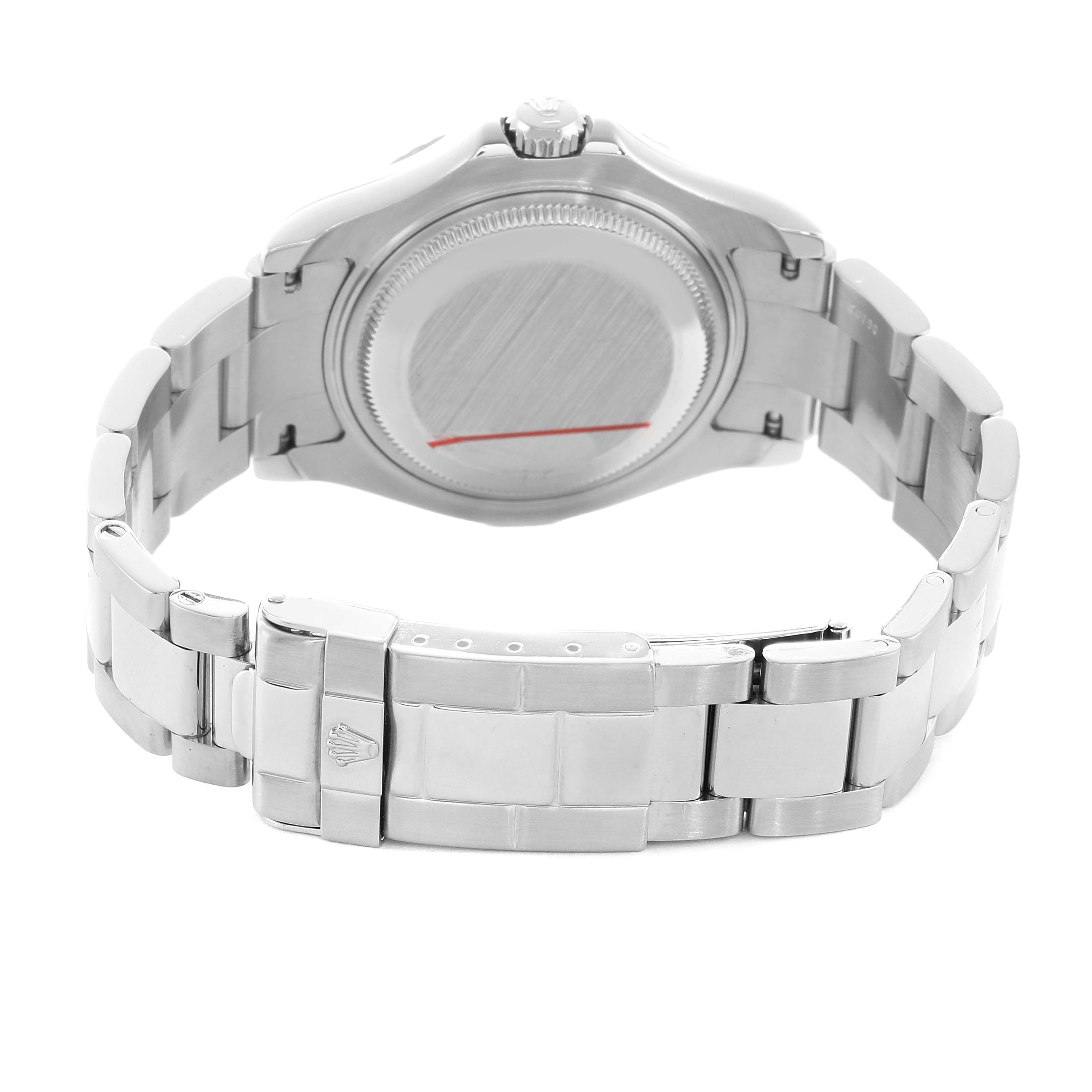 The Rolex Yacht-Master 168622 Men's Stainless Steel Silver Dial watch is shown from the back, highlighting the case back and bracelet with a focus on the clasp.