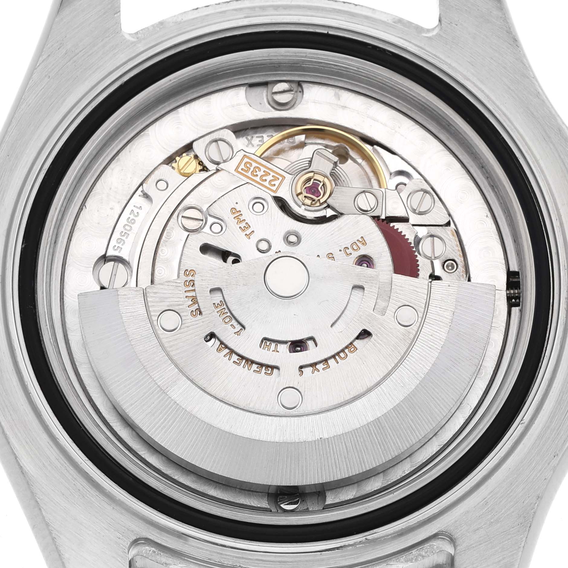 The image shows the movement of a Rolex Yacht-Master 168622 Men's Stainless Steel Silver Dial watch from a top-down angle, highlighting its internal mechanics.
