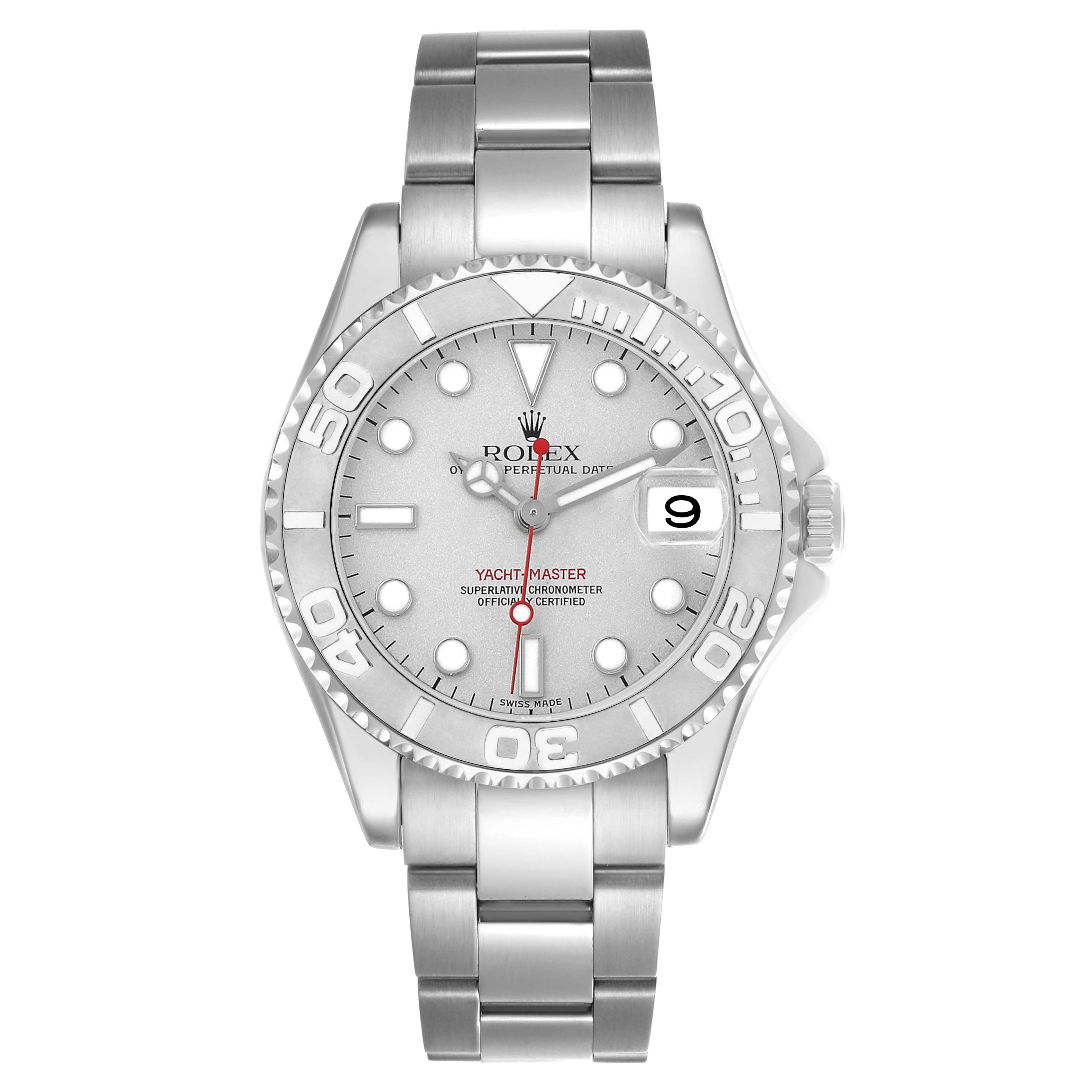 The image shows a frontal view of the Rolex Yacht-Master 168622 Men's Stainless Steel Silver Dial, displaying the face, bezel, bracelet, and date window.