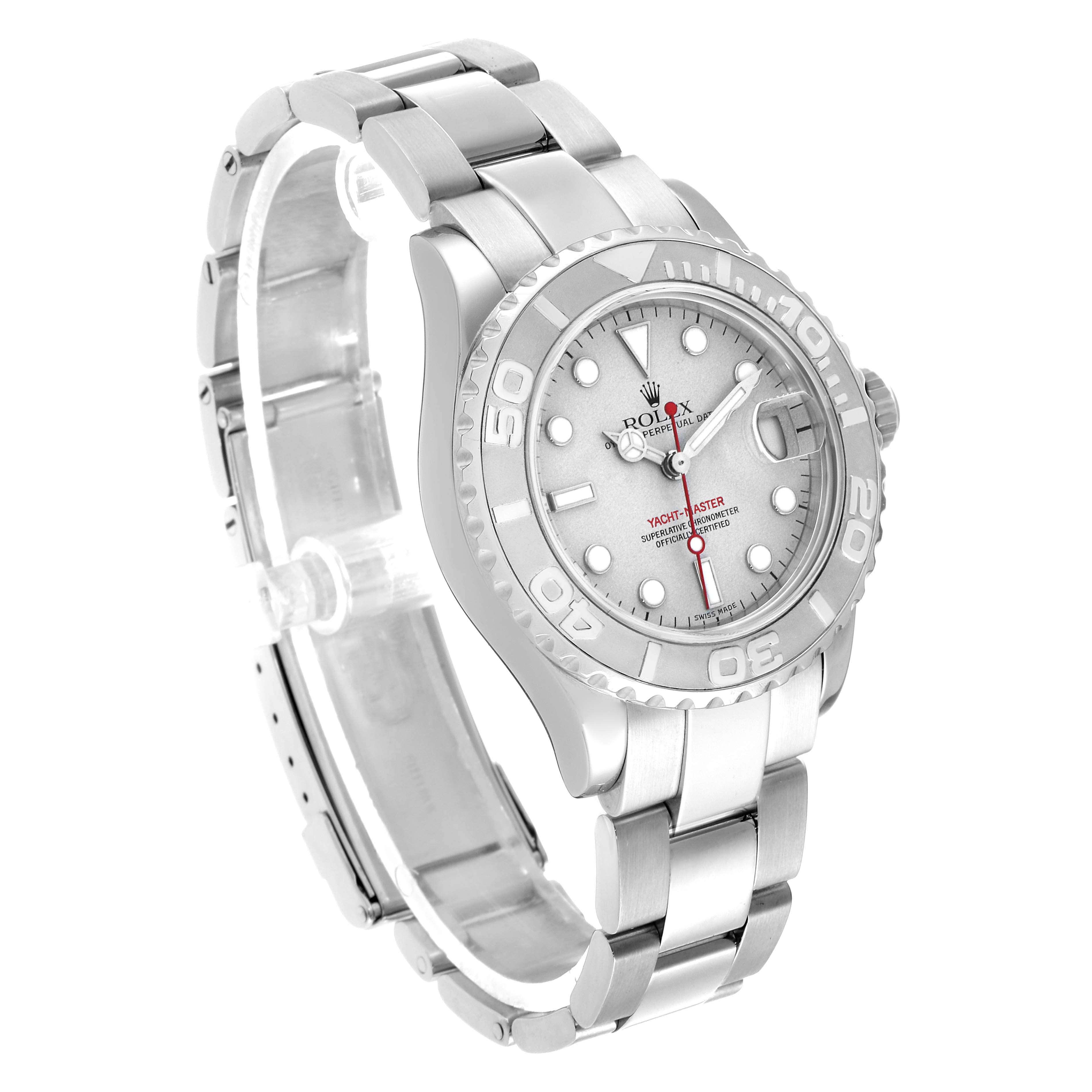 The Rolex Yacht-Master 168622 Men's Stainless Steel Silver Dial watch is shown at a three-quarter angle, highlighting the dial, bezel, and bracelet.