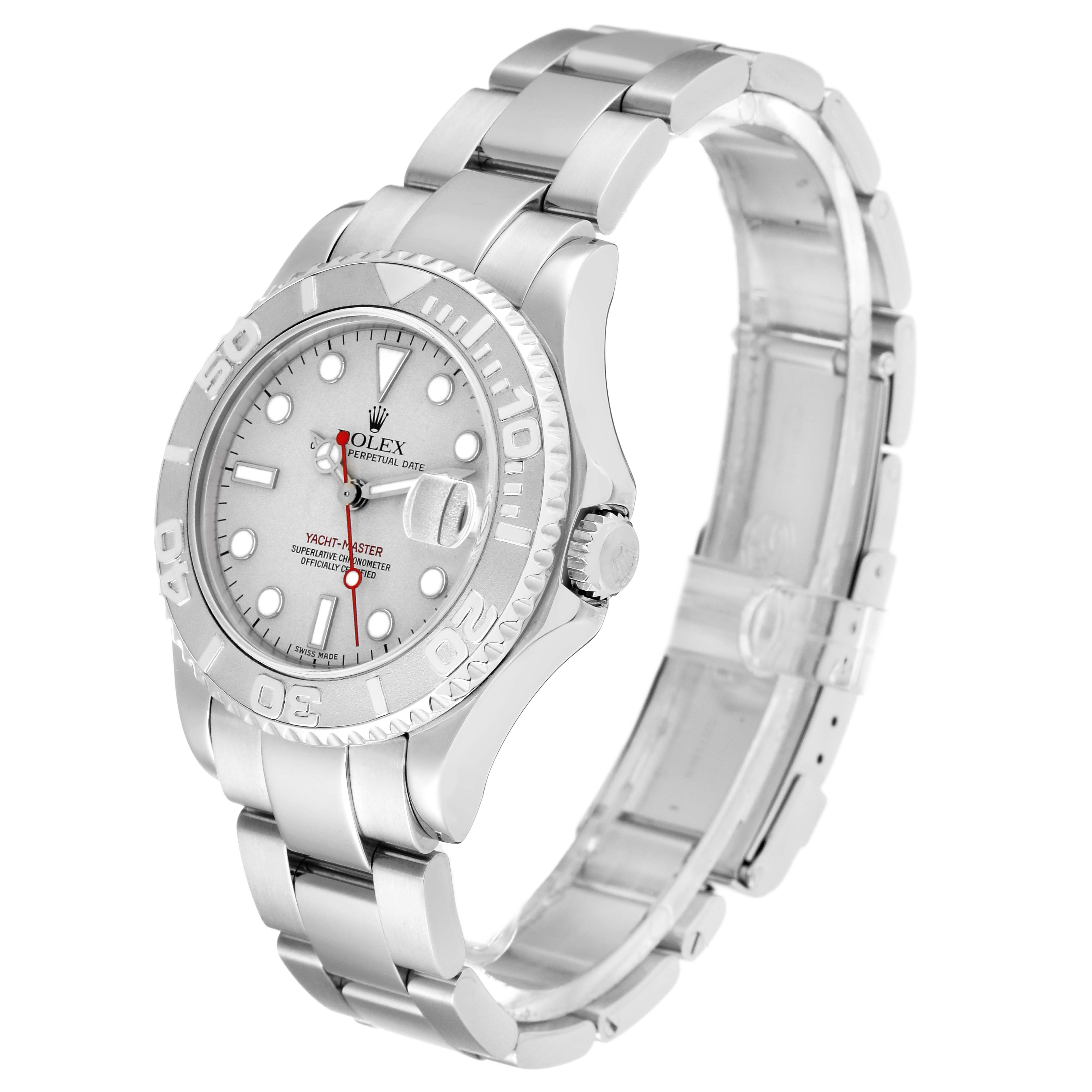 The Rolex Yacht-Master 168622 Men's Stainless Steel Silver Dial watch is shown at a three-quarter angle, highlighting the dial, bezel, and bracelet.