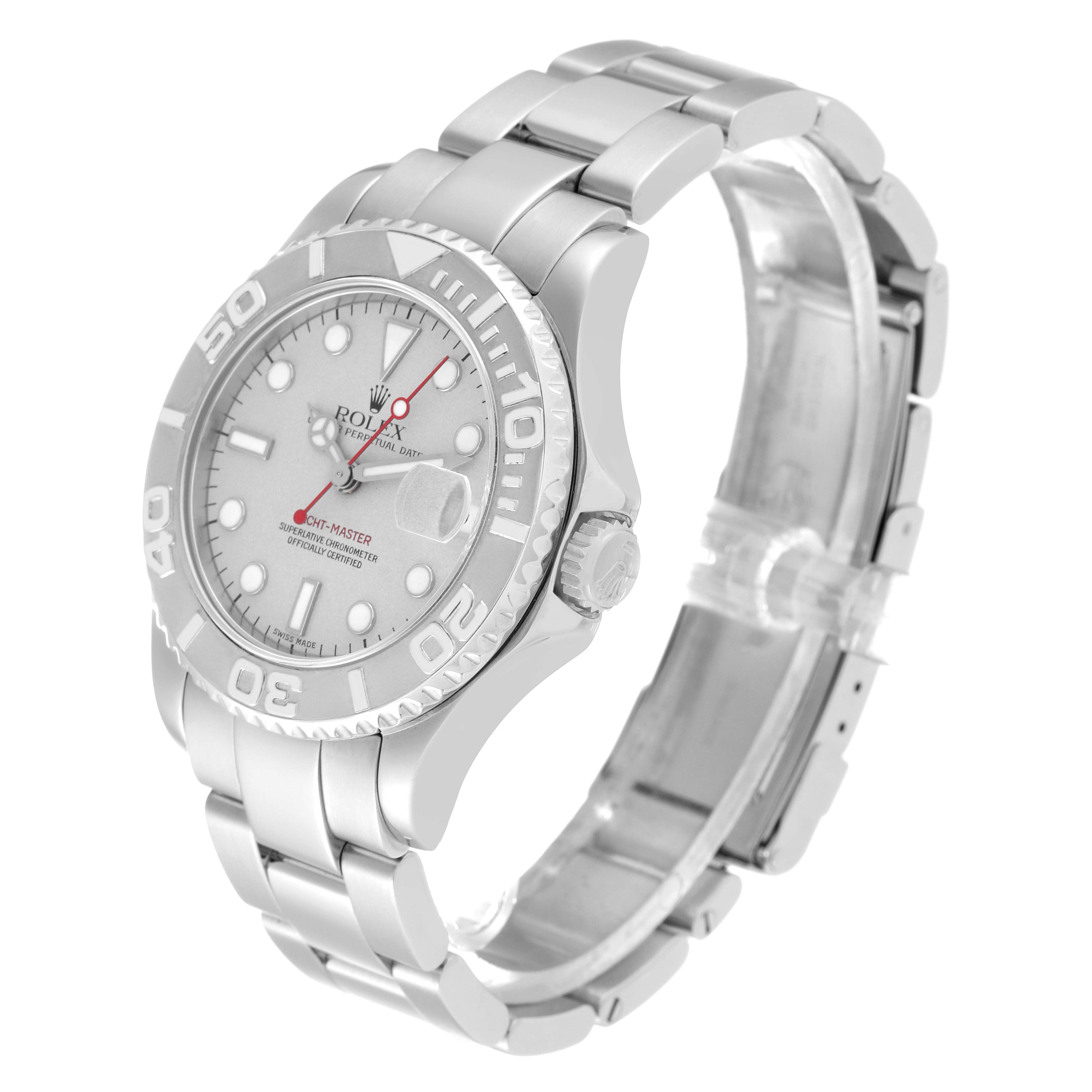 This Rolex Yacht-Master 168622 Men's Stainless Steel Silver Dial 168622 Men's Stainless Steel Silver Dial watch is shown at a three-quarter angle, displaying the dial, bezel, crown, and bracelet.