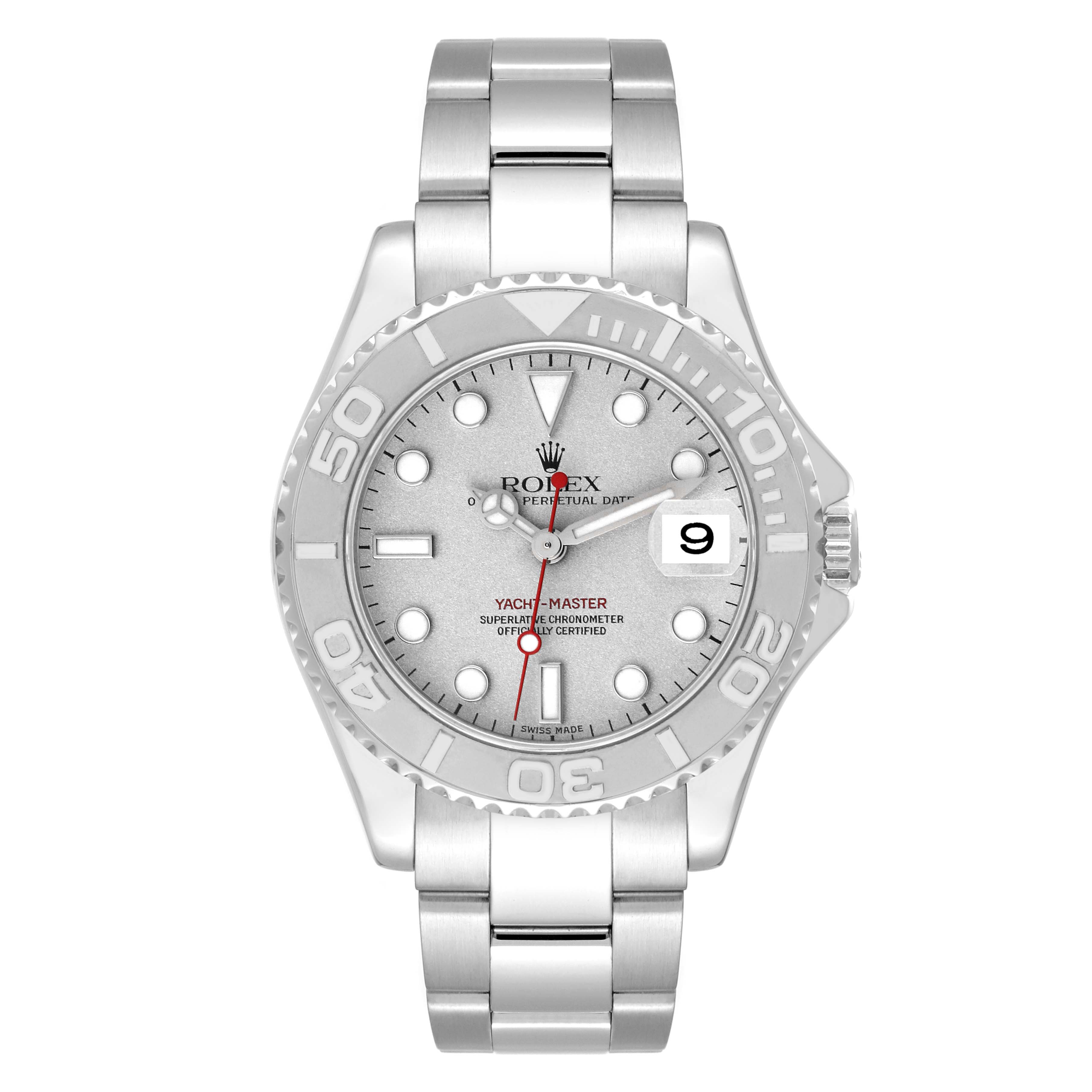 The image shows a front view of the Rolex Yacht-Master 168622 Men's Stainless Steel Silver Dial 168622 Men's Stainless Steel Silver Dial watch, highlighting its dial, bezel, and metal bracelet.