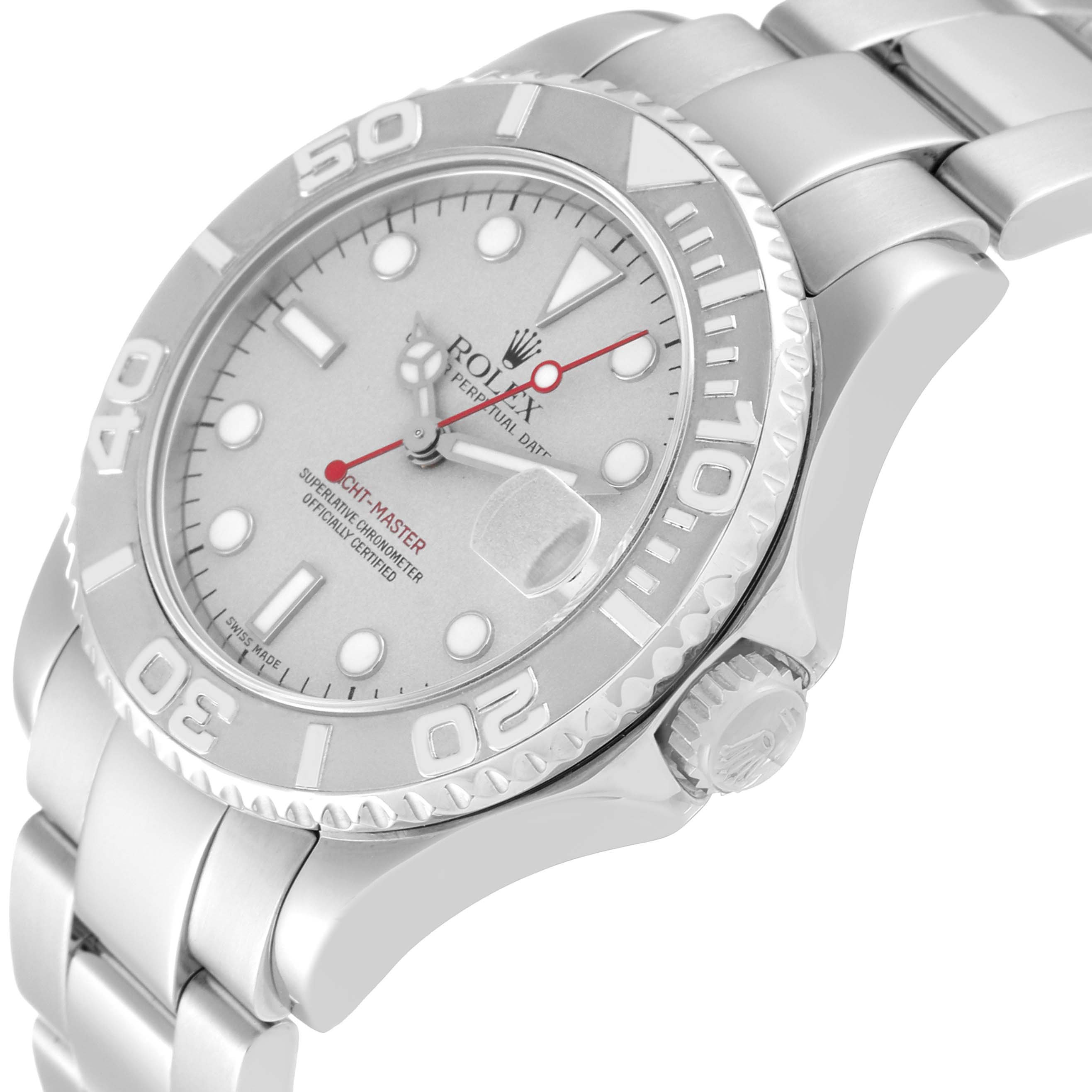 The Rolex Yacht-Master 168622 Men's Stainless Steel Silver Dial 168622 Men's Stainless Steel Silver Dial watch is shown at an angled side view, highlighting the face, bezel, crown, and bracelet.