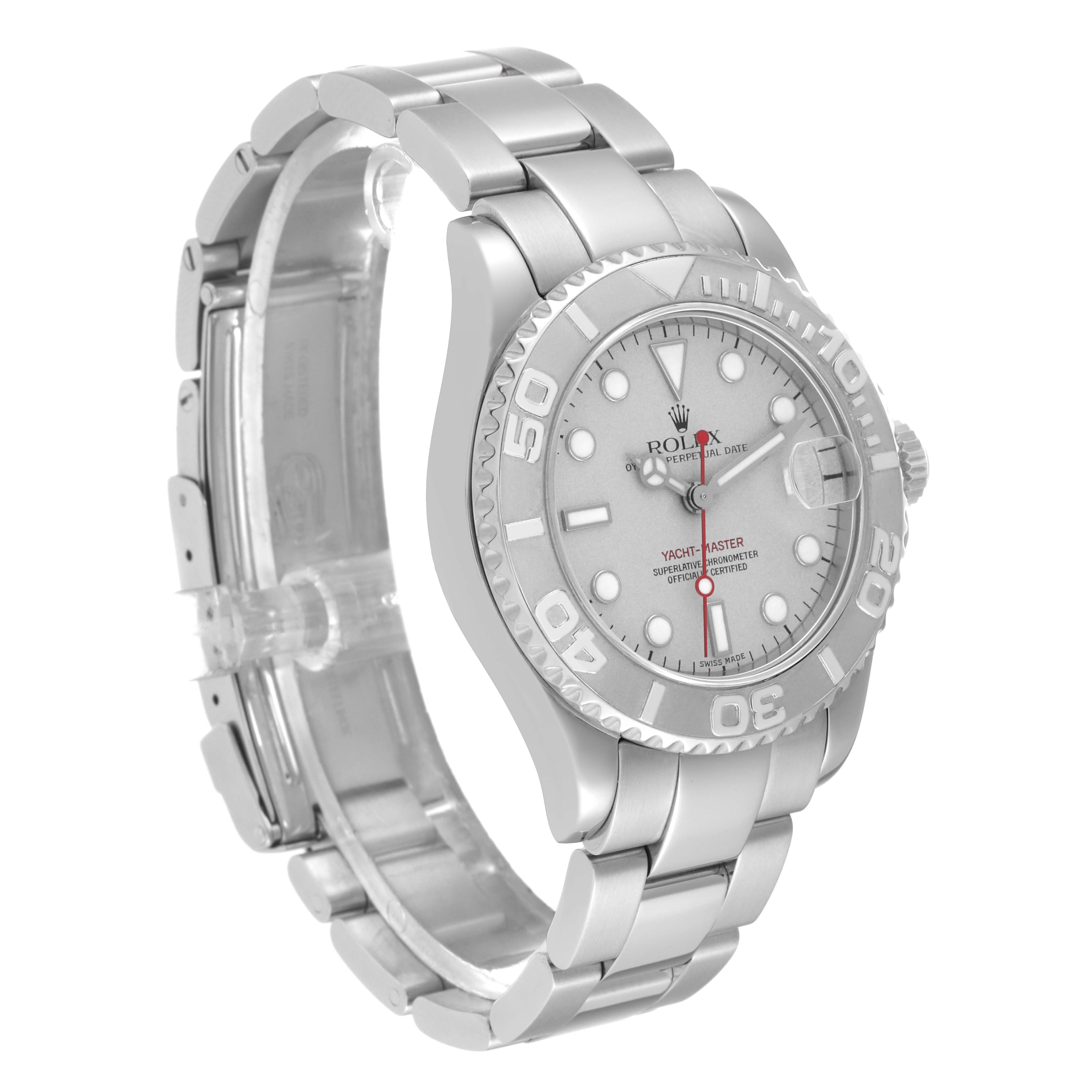 The image shows a Rolex Yacht-Master 168622 Men's Stainless Steel Silver Dial 168622 Men's Stainless Steel Silver Dial watch from a three-quarter angle, displaying the face, bezel, crown, and metal bracelet.