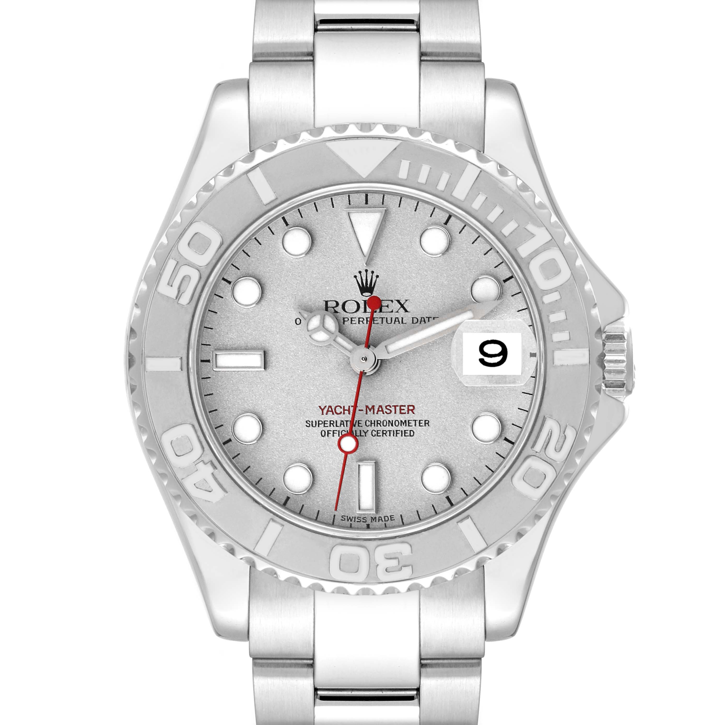 This image shows a Rolex Yacht-Master 168622 Men's Stainless Steel Silver Dial 168622 Men's Stainless Steel Silver Dial watch taken from a front angle, highlighting the dial, bezel, and bracelet.