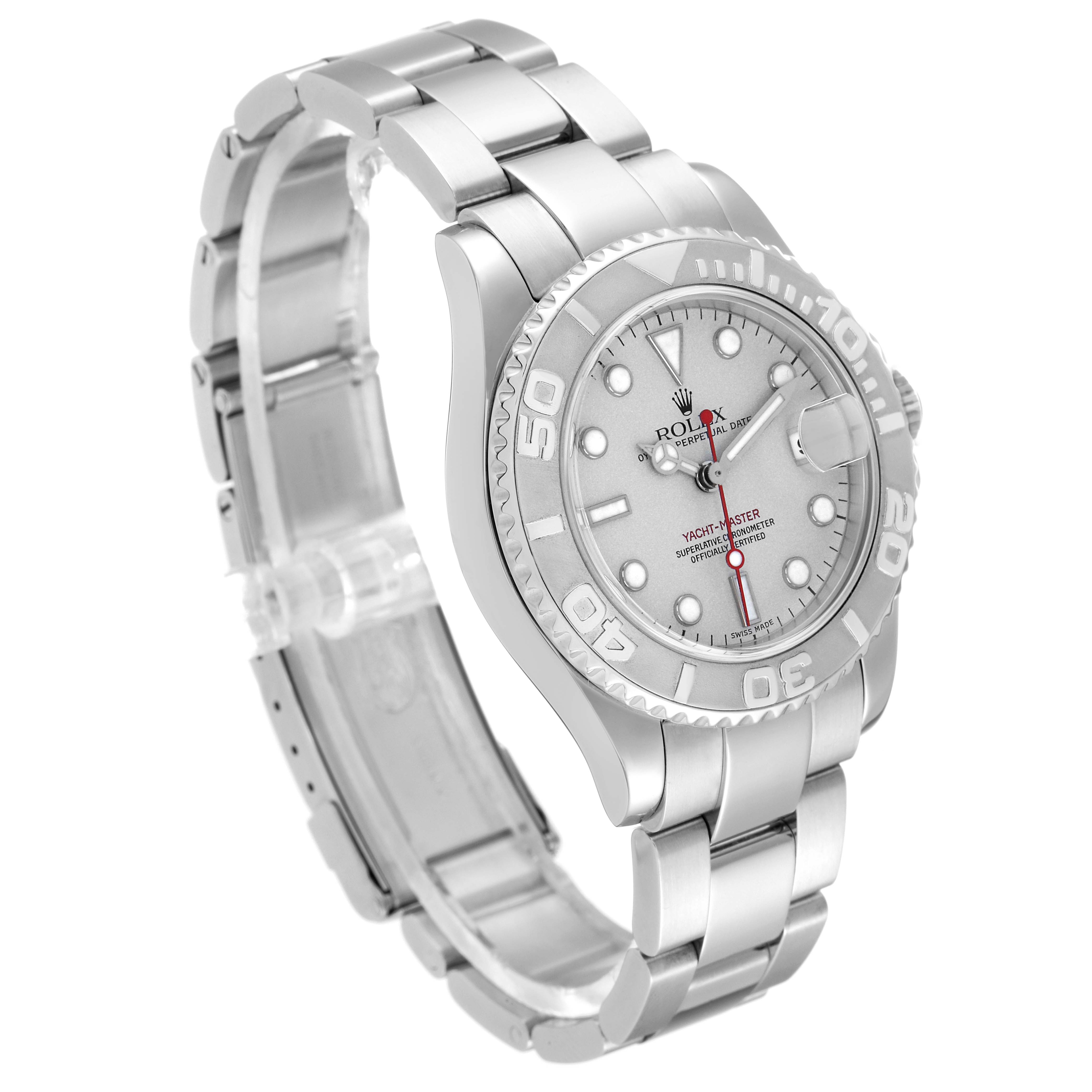 The Rolex Yacht-Master 168622 Men's Stainless Steel Silver Dial watch is shown at a three-quarter angle, displaying its dial, bezel, and bracelet.