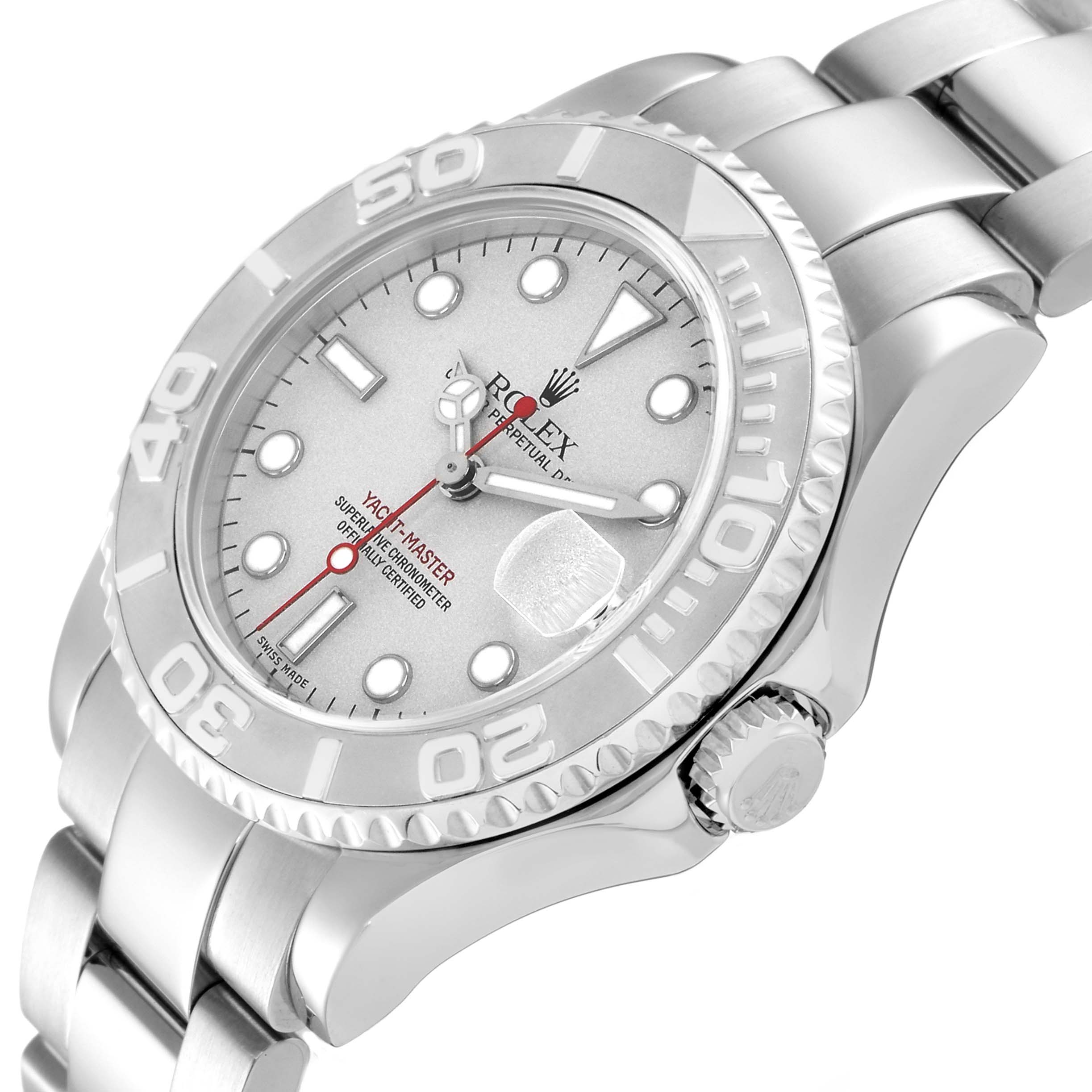 The Rolex Yacht-Master 168622 Men's Stainless Steel Silver Dial is shown at a tilted angle, highlighting the bezel, crown, and part of the bracelet.
