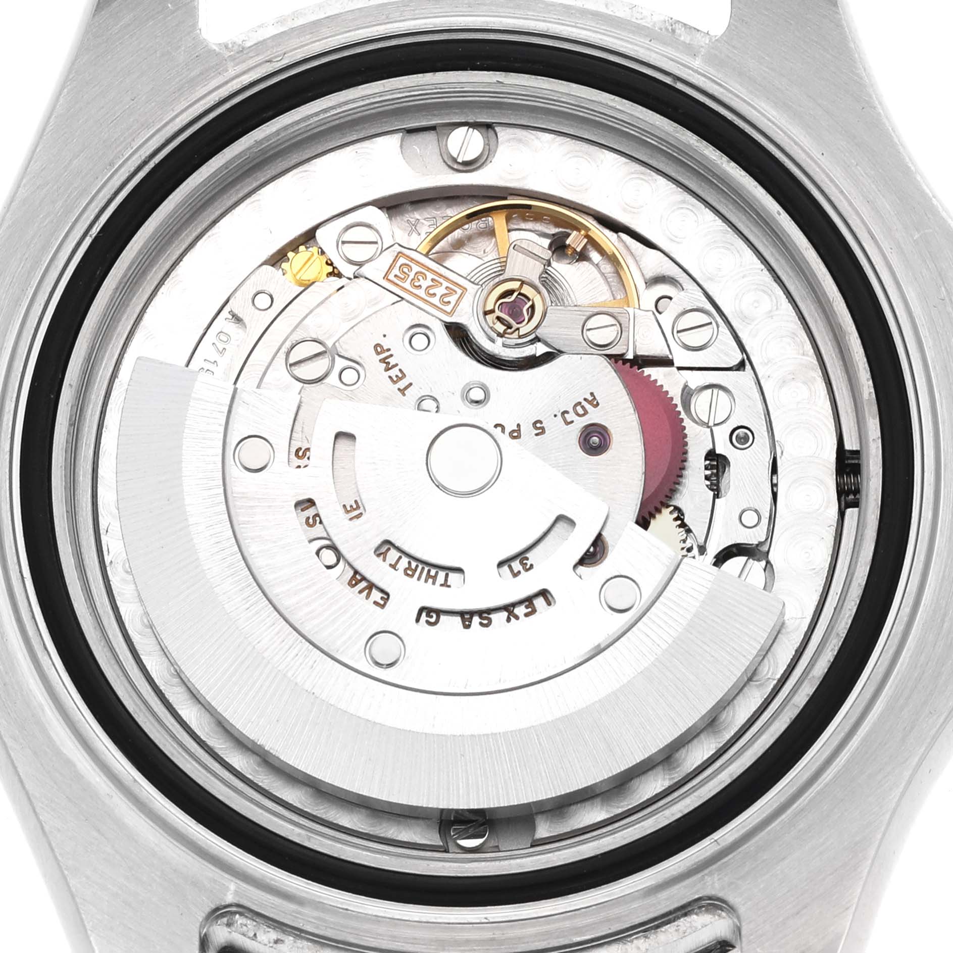 The image shows the Rolex Yacht-Master 168622 Men's Stainless Steel Silver Dial's movement from the back, highlighting its intricate components and rotor.