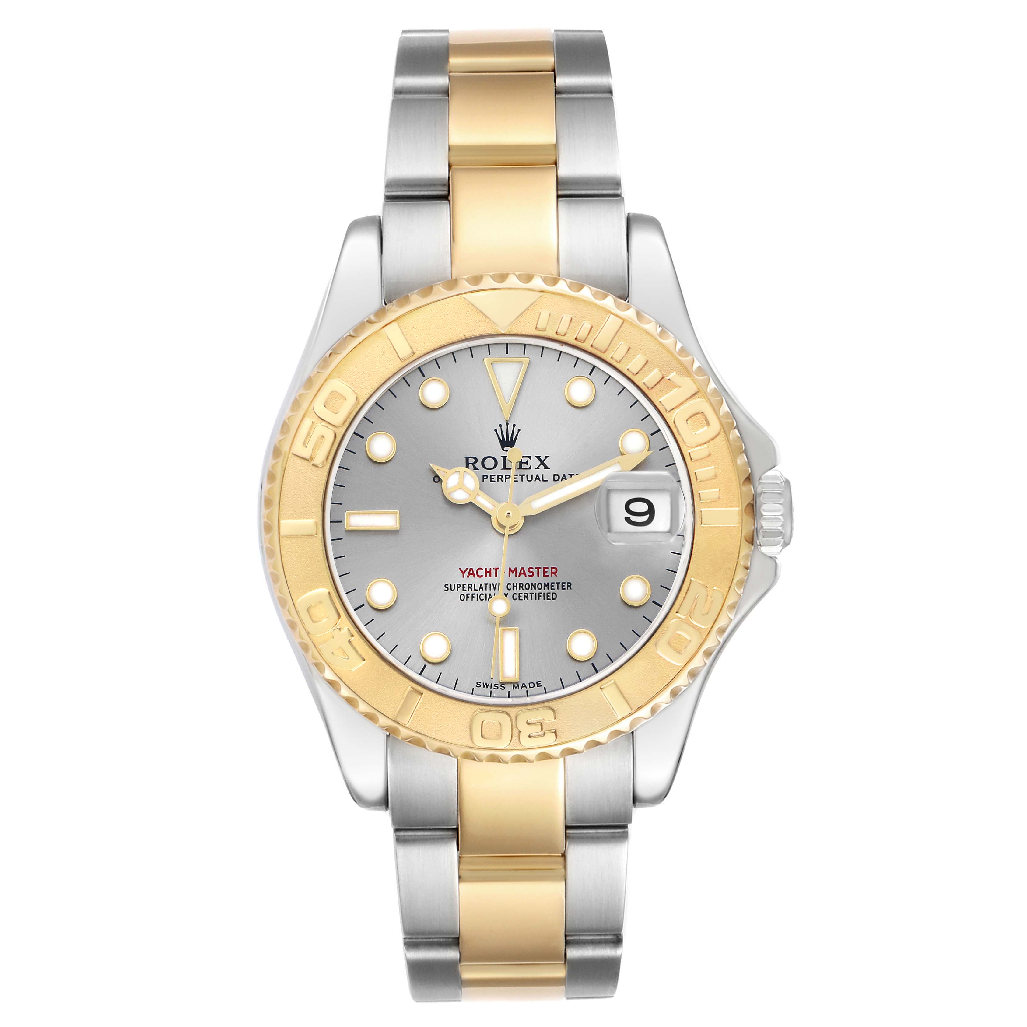 The Rolex Yacht-Master 168623 Men's Steel and Gold (two tone) Silver Dial watch is shown from a top-down angle, featuring its face, bezel, and bracelet.