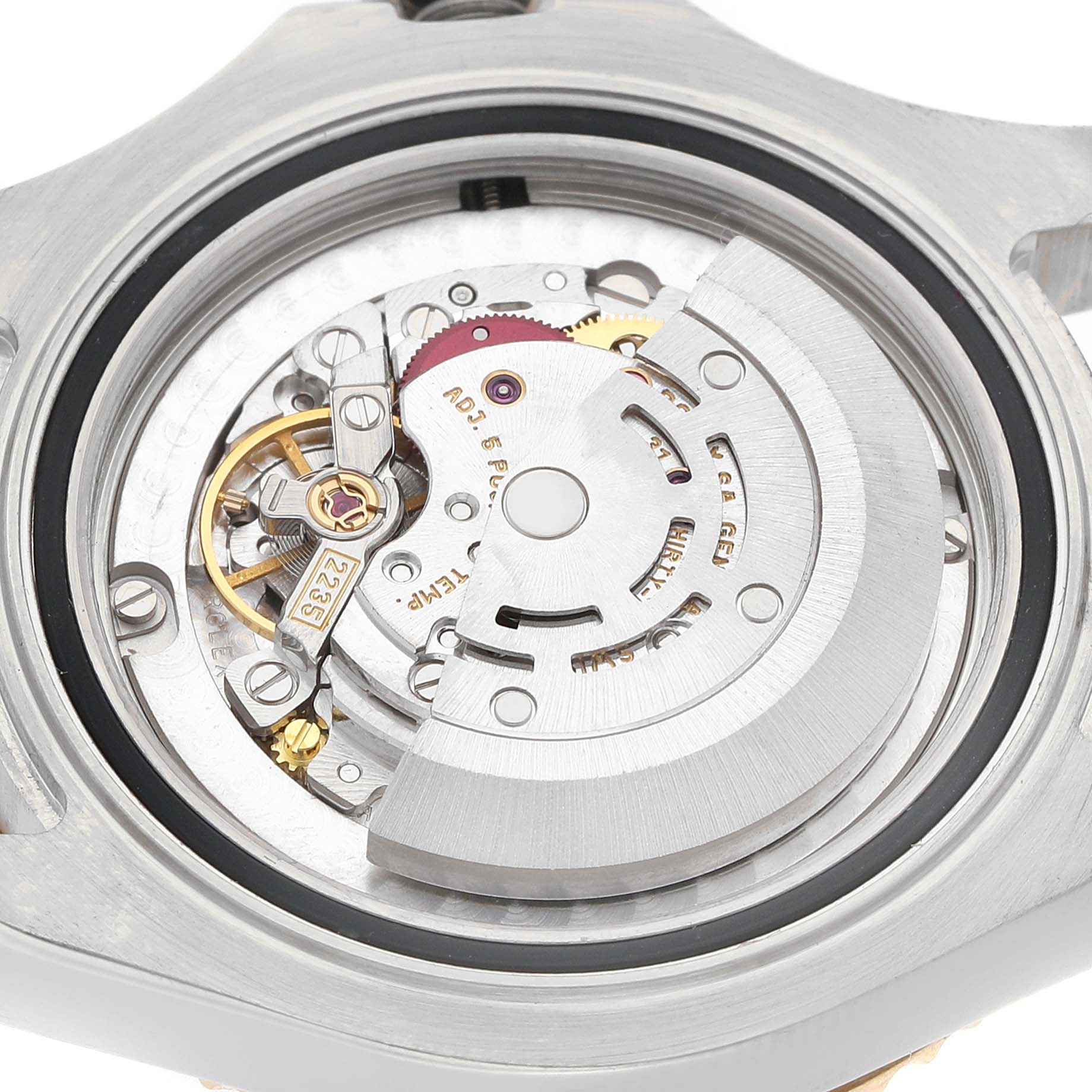 The image shows the internal mechanical movement of a Rolex Yacht-Master 168623 Men's Steel and Gold (two tone) Silver Dial watch from a rear angle.