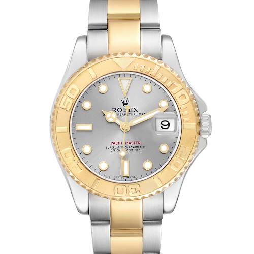 The Rolex Yacht-Master 168623 Men's Steel and Gold (two tone) Silver Dial watch is shown from a top-down angle, highlighting the bezel, dial, and bracelet.