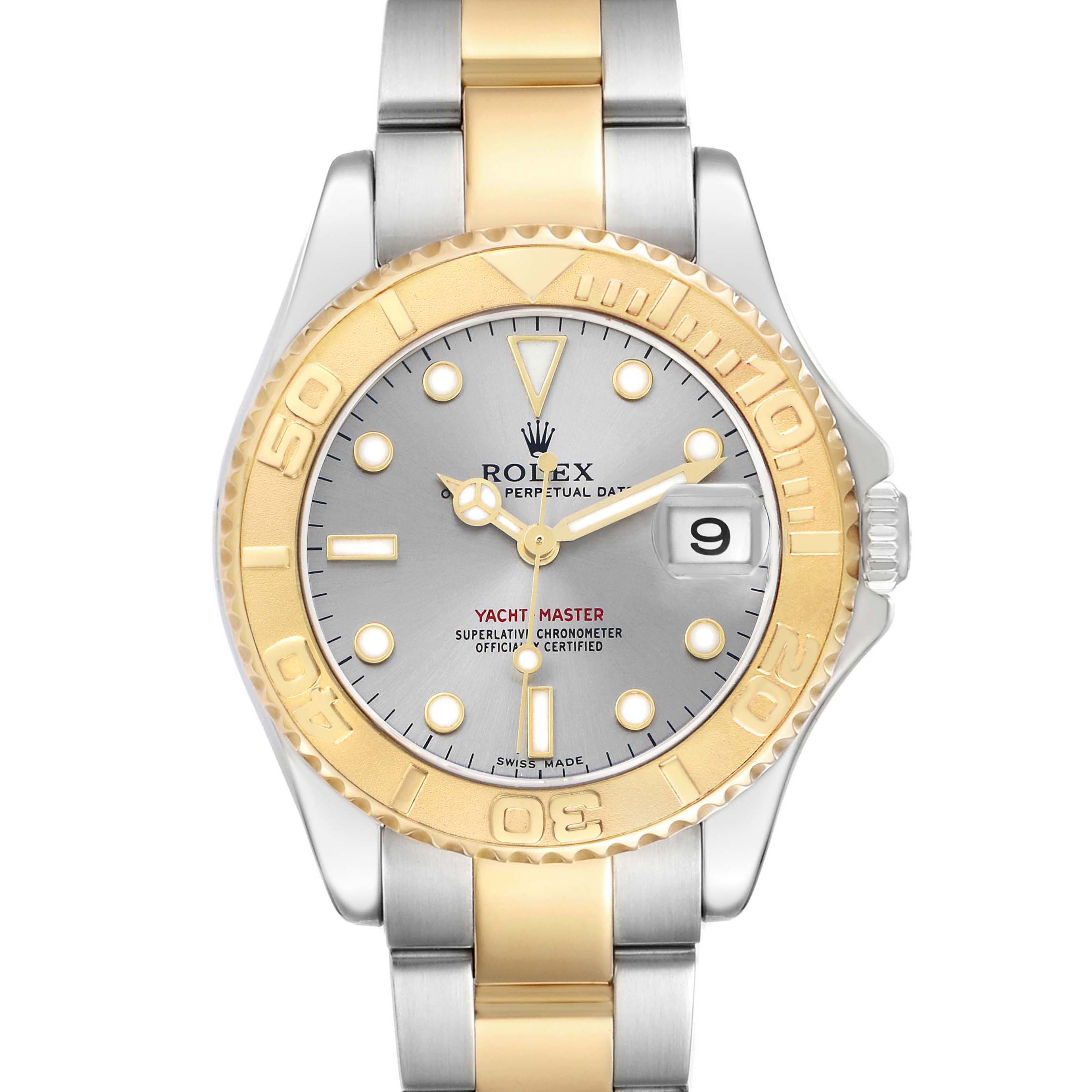 The Rolex Yacht-Master 168623 Men's Steel and Gold (two tone) Silver Dial watch is shown from the front, displaying the dial, bezel, and part of the bracelet.