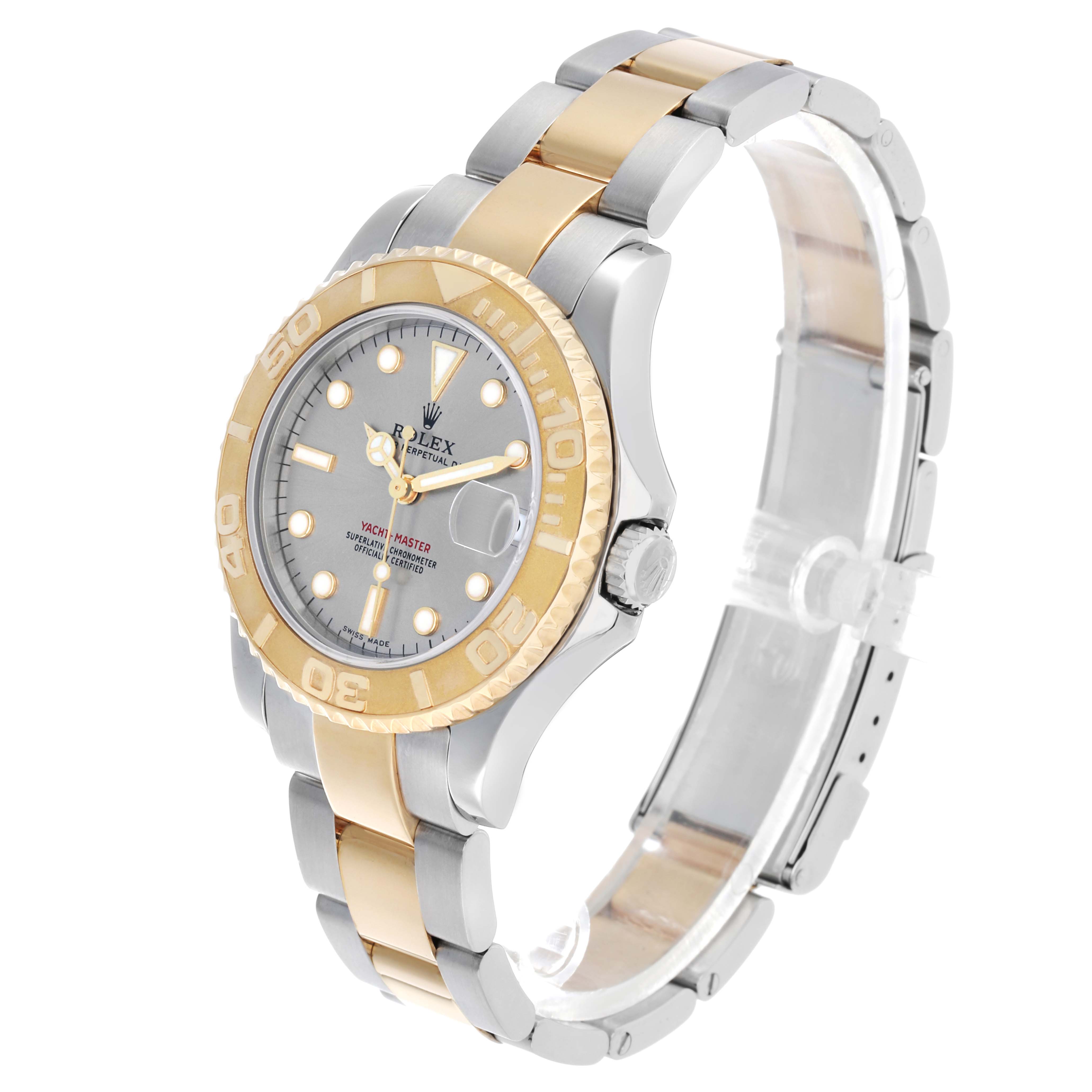 The Rolex Yacht-Master 168623 Men's Steel and Gold (two tone) Silver Dial watch is shown at a three-quarter angle, highlighting its two-tone bracelet, bezel, and dial.