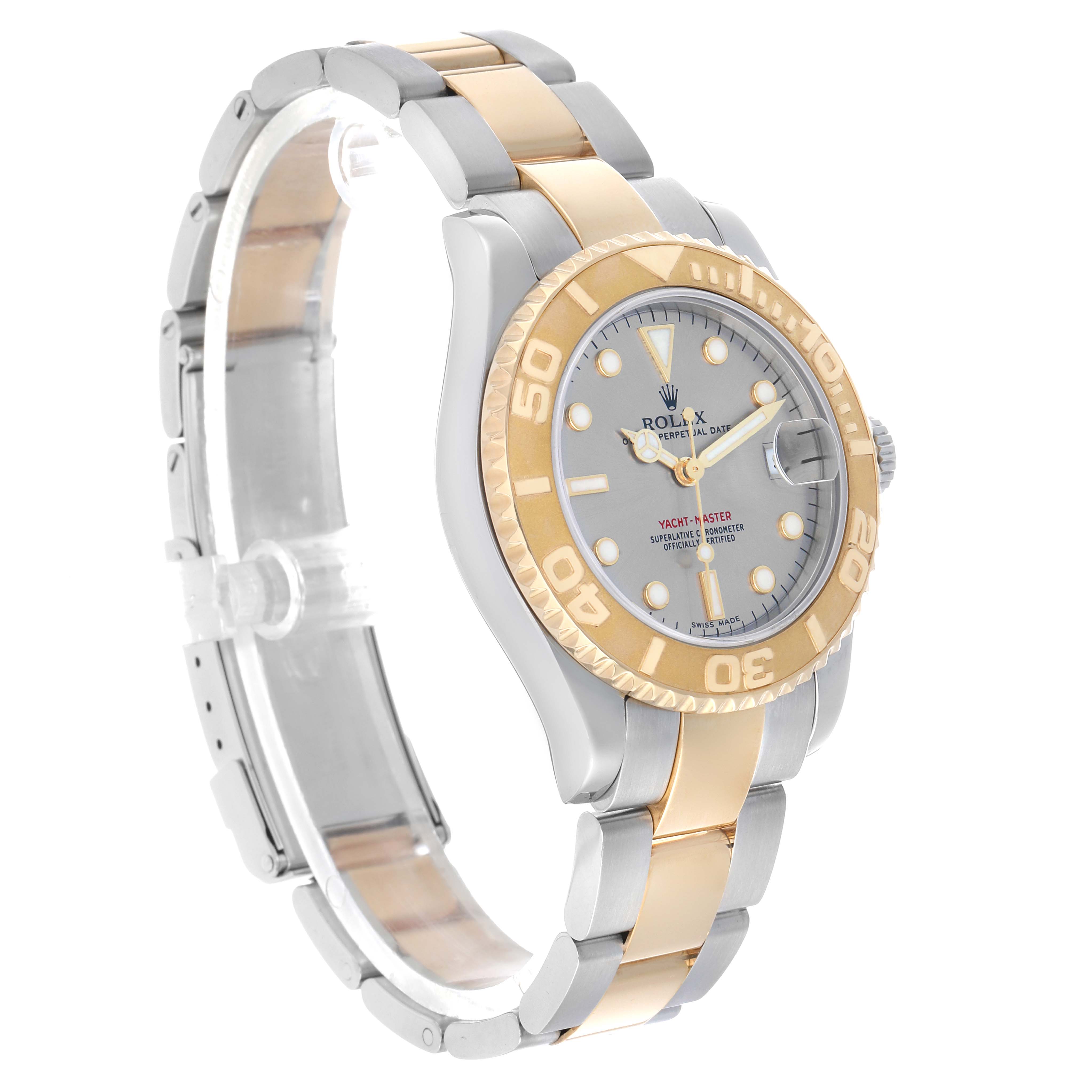 This image shows a Rolex Yacht-Master 168623 Men's Steel and Gold (two tone) Silver Dial watch at a slight angle, highlighting the dial, bezel, and bracelet.