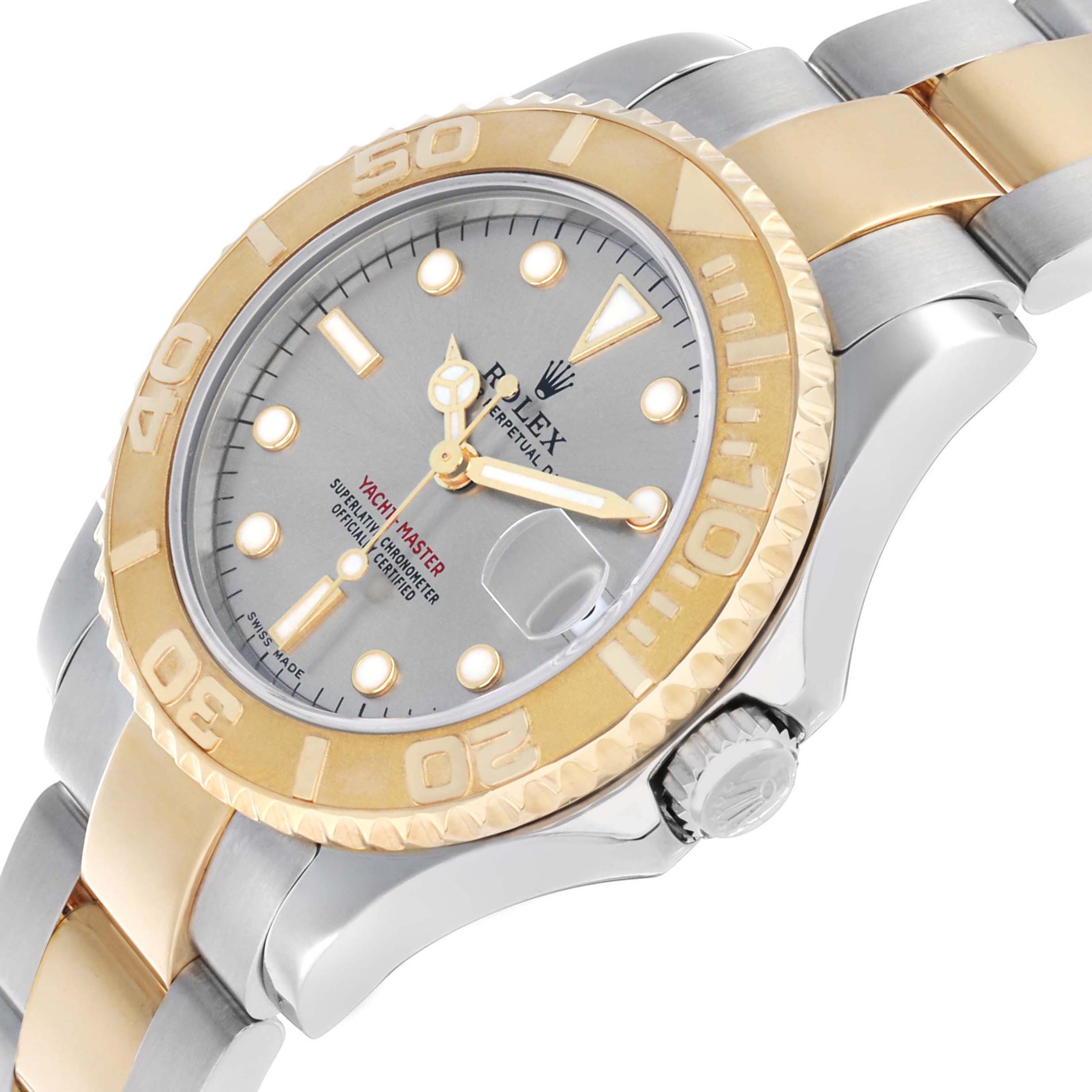The Rolex Yacht-Master 168623 Men's Steel and Gold (two tone) Silver Dial watch is shown at an angled view, displaying its bezel, crown, dial, and bracelet.