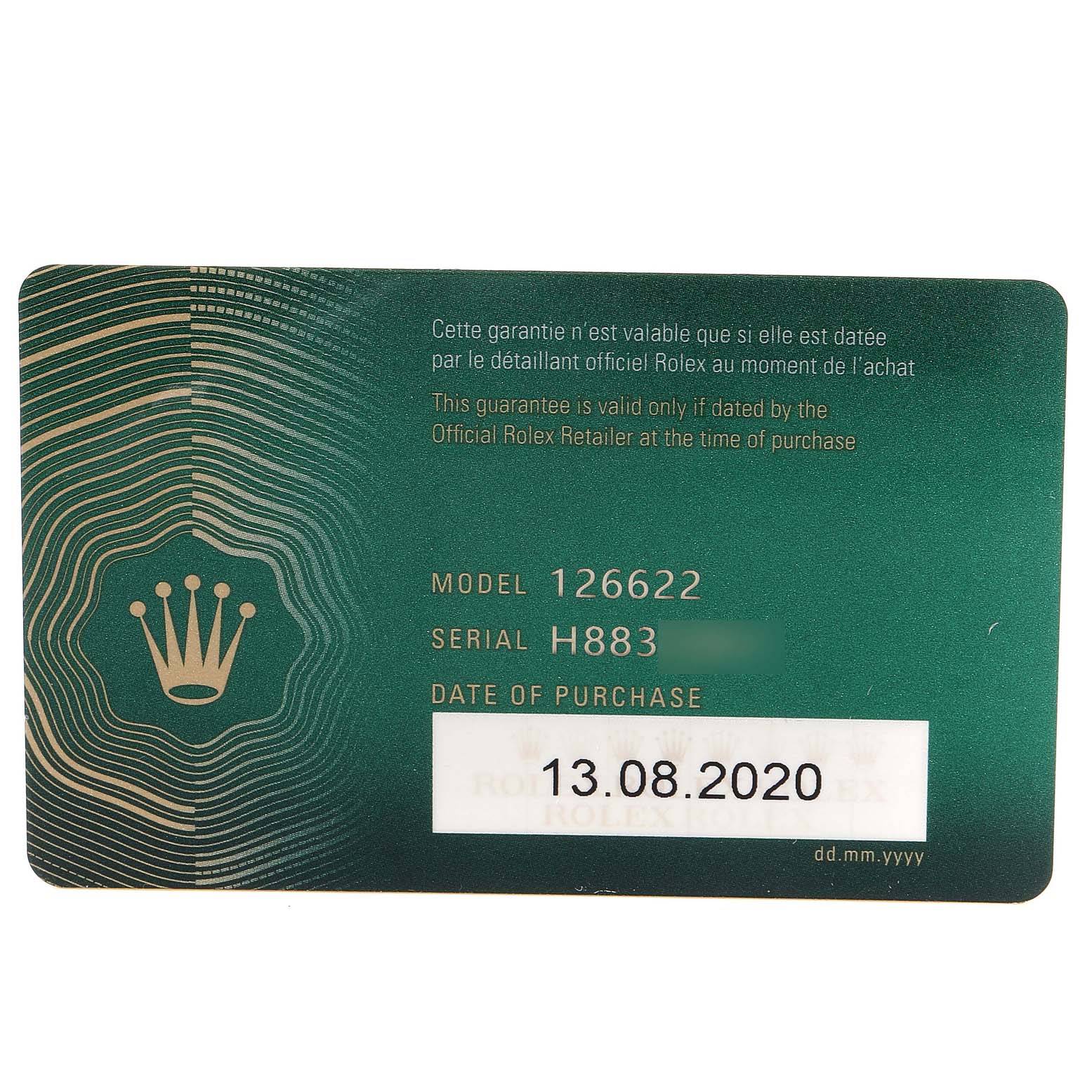 This image shows a guarantee card for the Rolex Yacht-Master 126622 Men's Stainless Steel Blue Dial 126622 Men's Stainless Steel Blue Dial model with information like model number, serial number, and date of purchase.