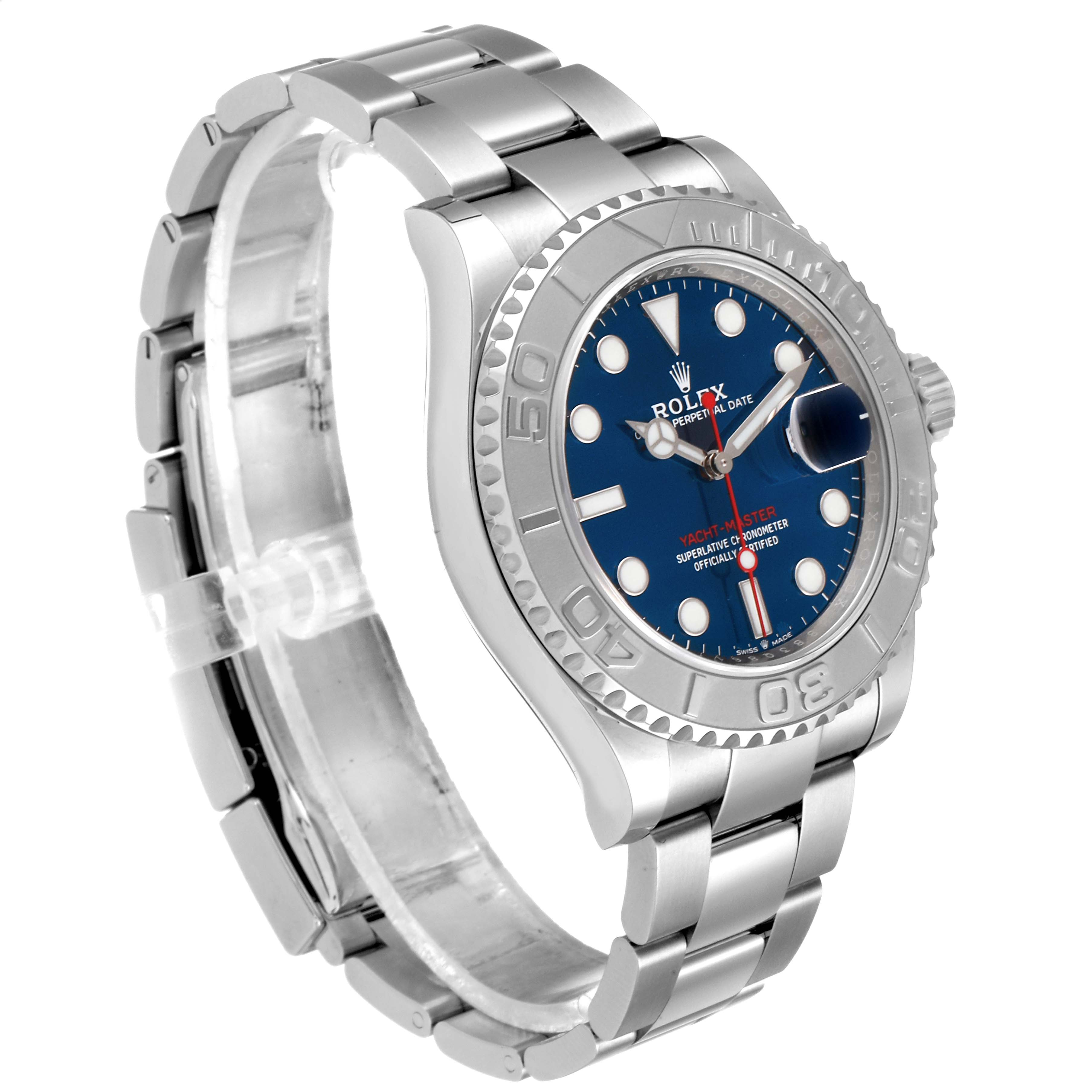 The Rolex Yacht-Master 126622 Men's Stainless Steel Blue Dial 126622 Men's Stainless Steel Blue Dial watch is shown at a three-quarter angle displaying the face, bezel, and part of the bracelet.