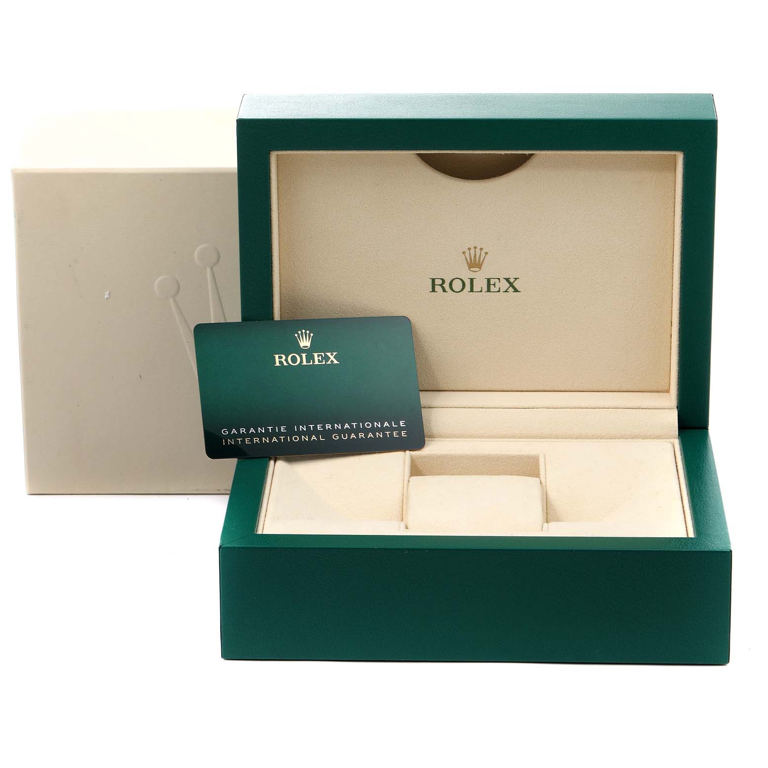 The image shows an open Rolex Yacht-Master 126622 Men's Stainless Steel Blue Dial 126622 Men's Stainless Steel Blue Dial watch box and an international guarantee card, taken from a front angle.