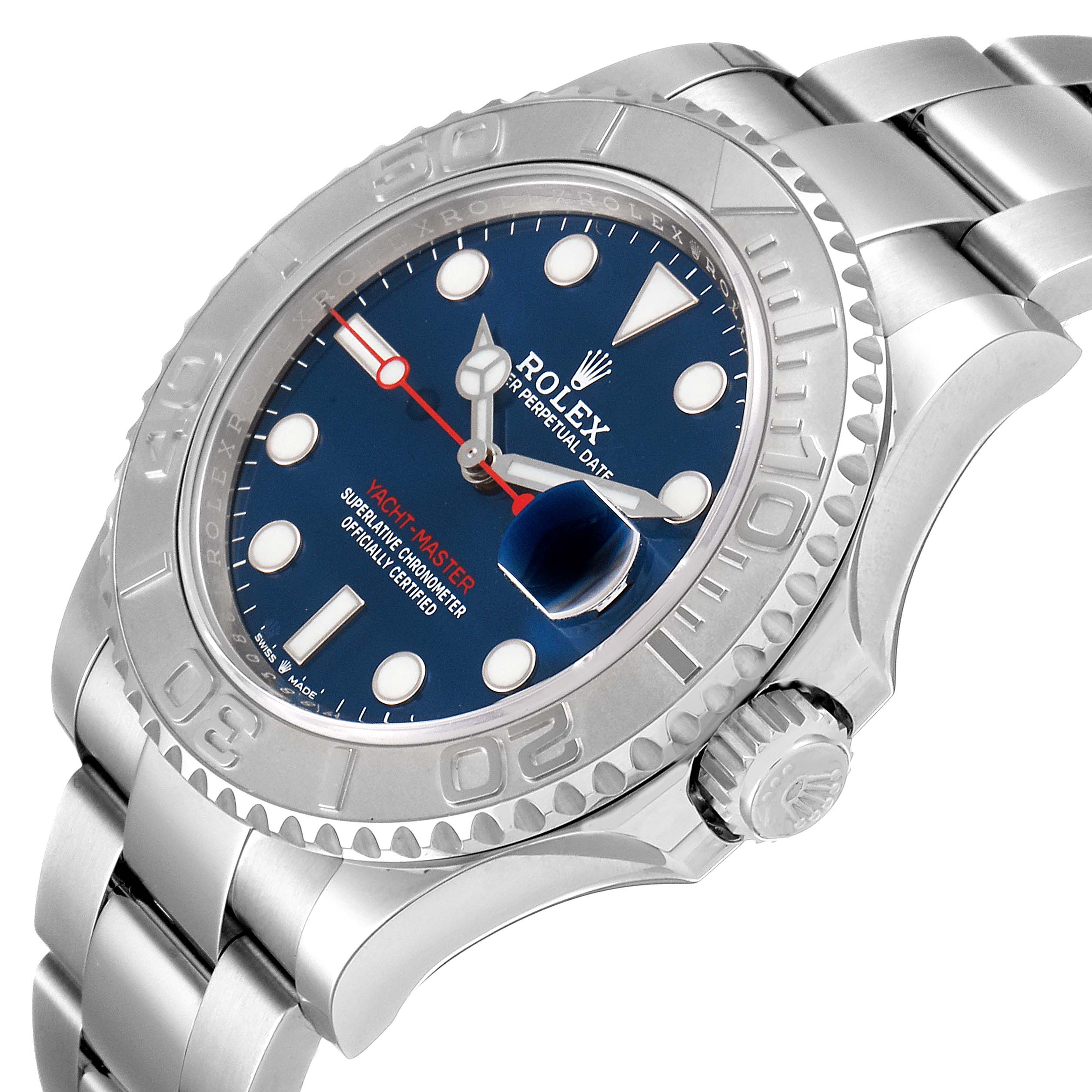 The Rolex Yacht-Master 126622 Men's Stainless Steel Blue Dial 126622 Men's Stainless Steel Blue Dial watch is shown at a slight angle, displaying its face, bezel, crown, and part of the bracelet.