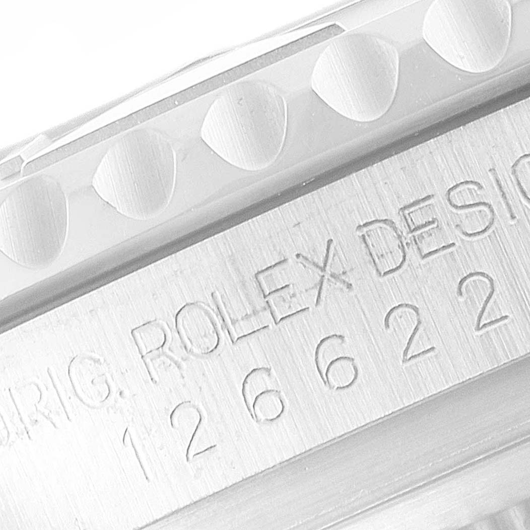 The image shows a close-up angle of the bezel and case side engraving of a Rolex Yacht-Master 126622 Men's Stainless Steel Blue Dial 126622 Men's Stainless Steel Blue Dial watch.