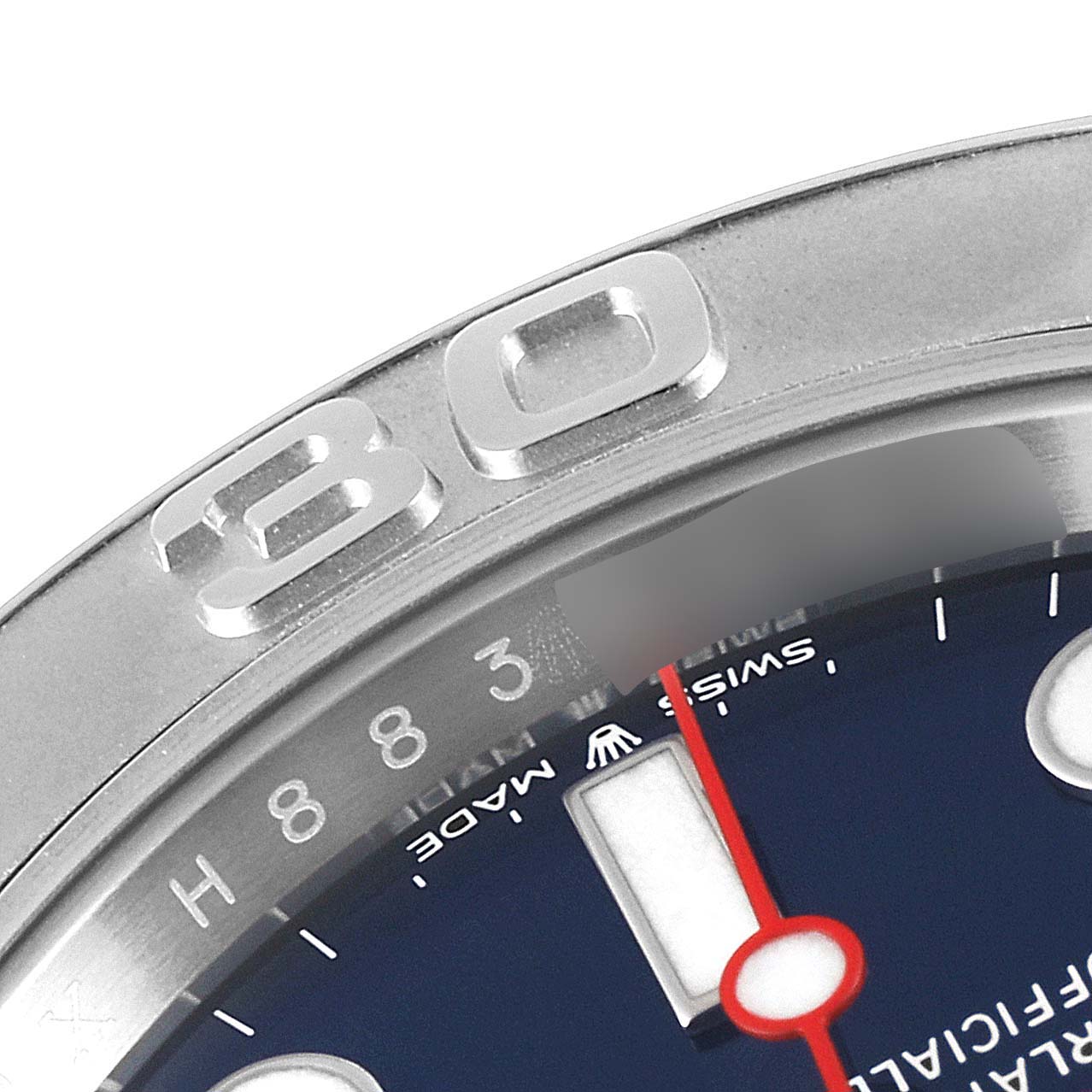 The image shows a close-up of the bezel and a part of the dial of a Rolex Yacht-Master 126622 Men's Stainless Steel Blue Dial 126622 Men's Stainless Steel Blue Dial watch.