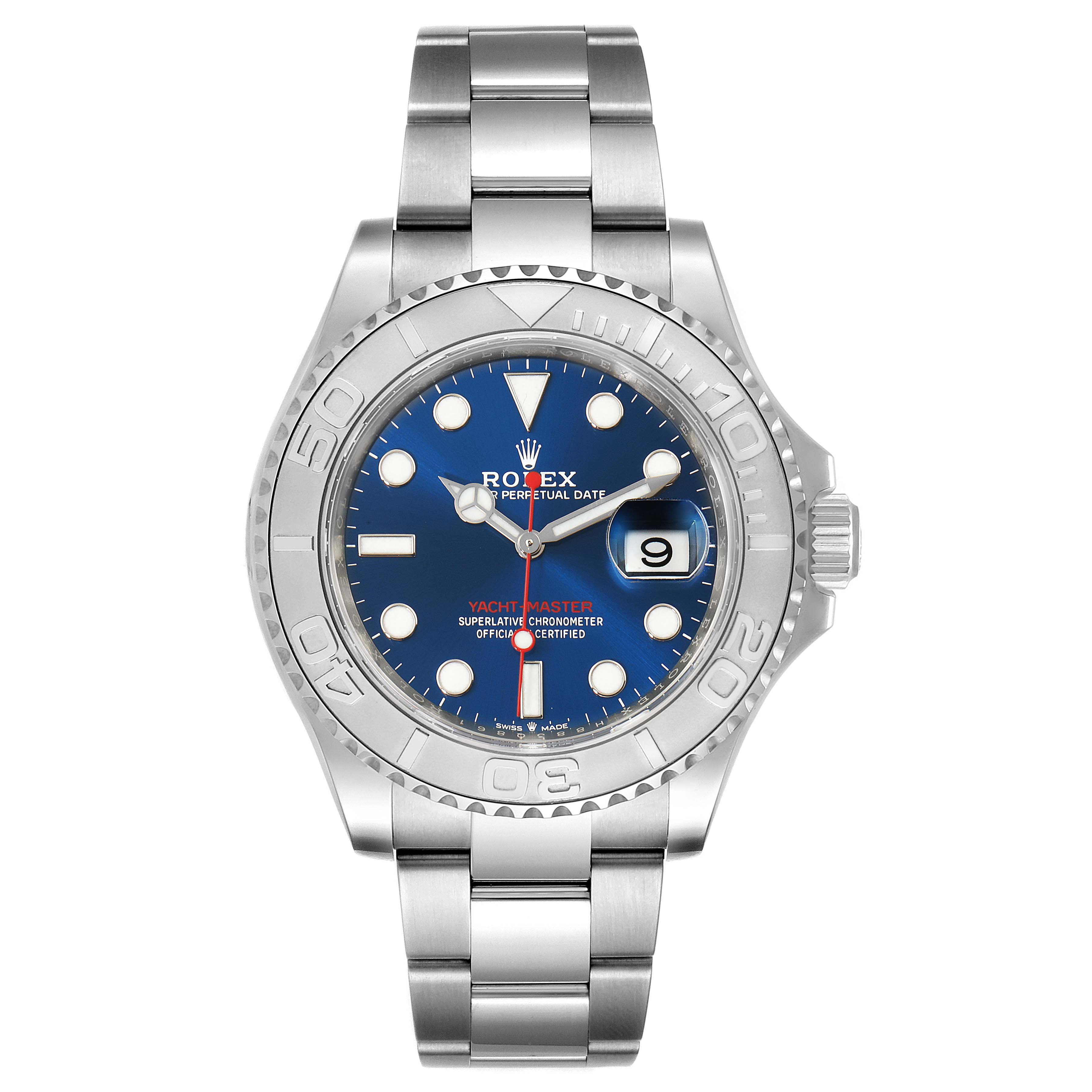 The Rolex Yacht-Master 126622 Men's Stainless Steel Blue Dial 126622 Men's Stainless Steel Blue Dial watch is shown from the front, displaying its dial, bezel, hands, and bracelet.