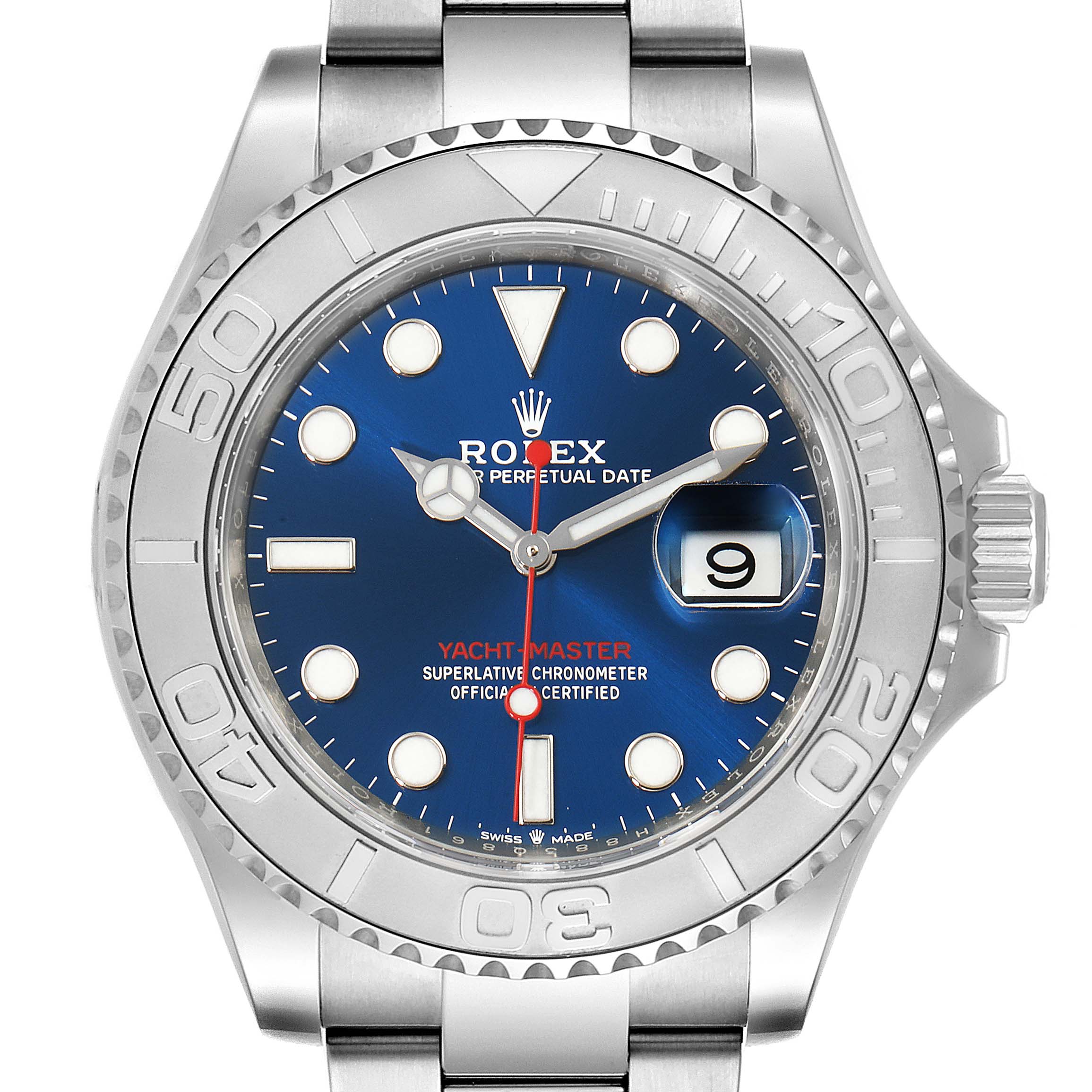The image shows a front view of the Rolex Yacht-Master 126622 Men's Stainless Steel Blue Dial 126622 Men's Stainless Steel Blue Dial watch, detailing its blue dial, bezel, and date display.