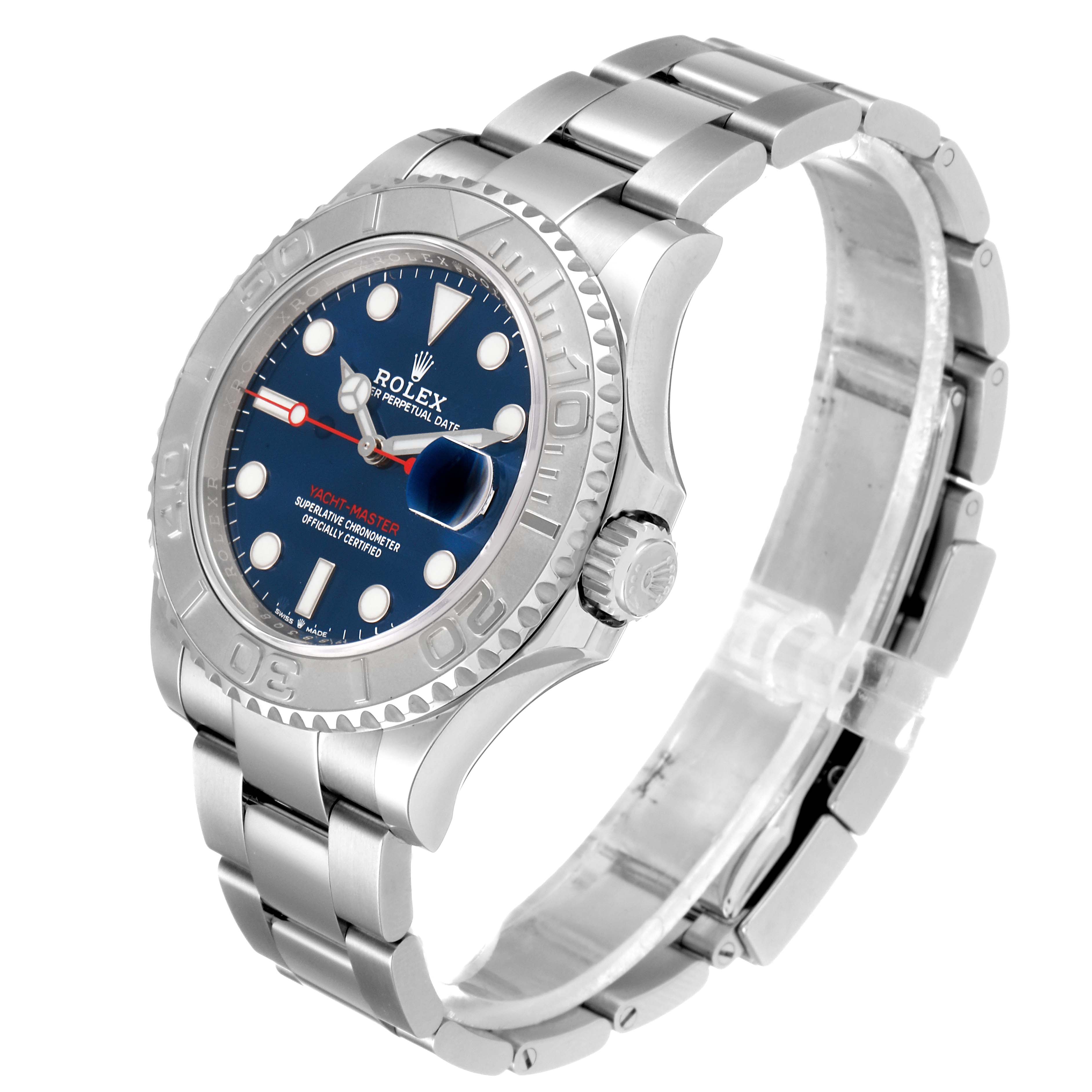 The Rolex Yacht-Master 126622 Men's Stainless Steel Blue Dial 126622 Men's Stainless Steel Blue Dial watch is shown in a side angle, highlighting its face, bezel, crown, and bracelet.