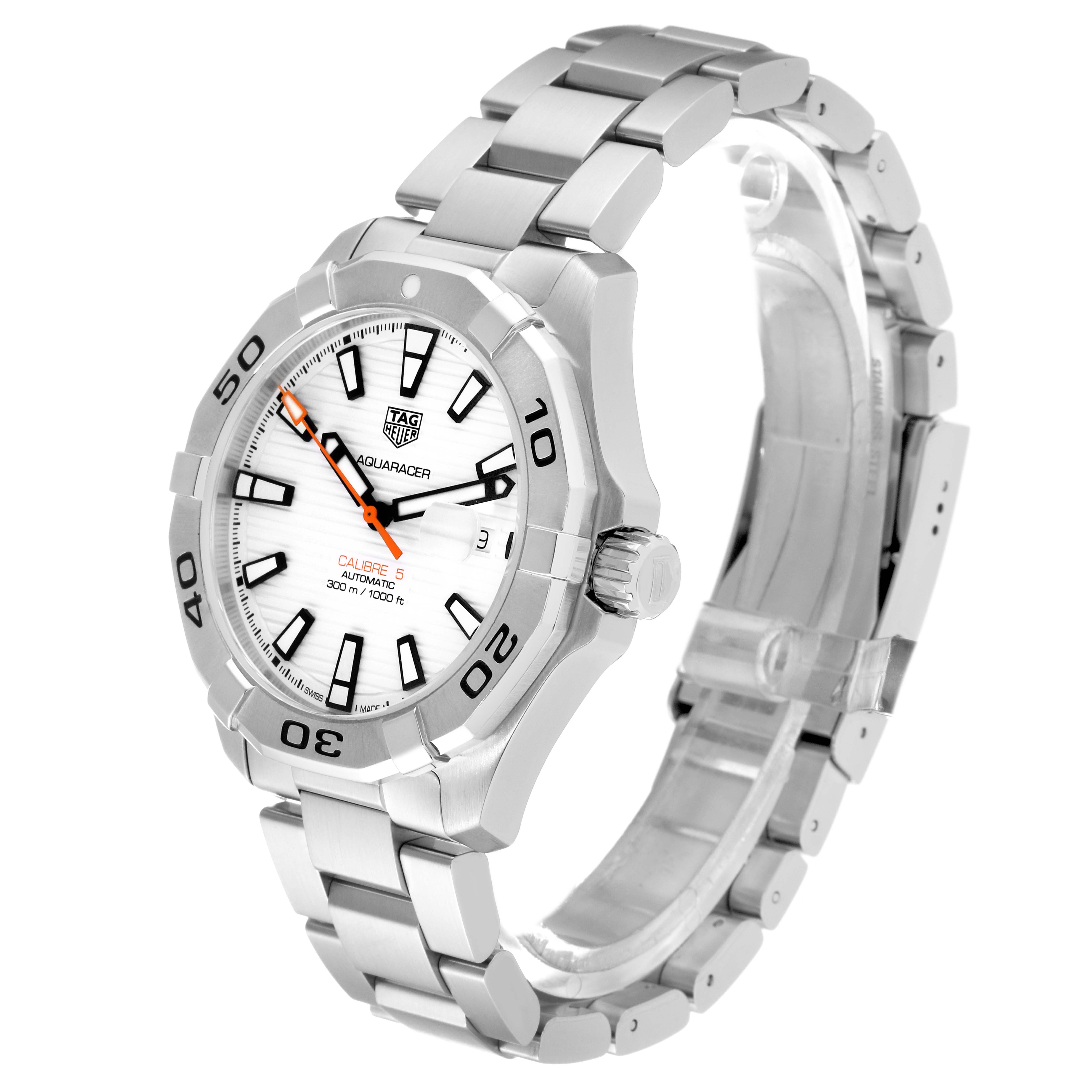 The image shows a Tag Heuer Aquaracer WAY2013.BA0927 Men's Stainless Steel White Dial WAY2013.BA0927 Men's Stainless Steel White Dial watch from a front-side angle, highlighting the face, bezel, crown, and bracelet.