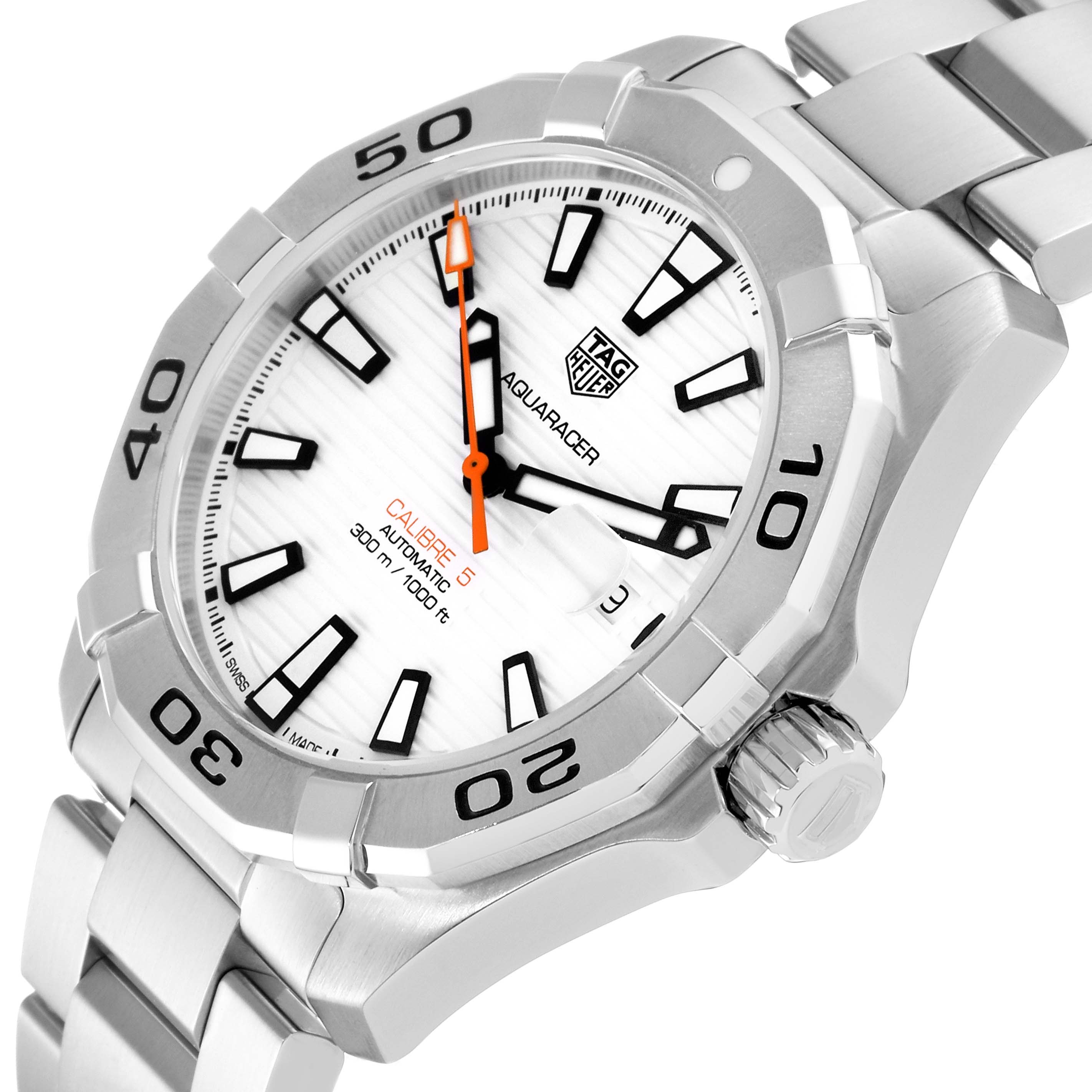 This Tag Heuer Aquaracer WAY2013.BA0927 Men's Stainless Steel White Dial WAY2013.BA0927 Men's Stainless Steel White Dial watch is shown at an angle that highlights the face, bezel, crown, and part of the bracelet.