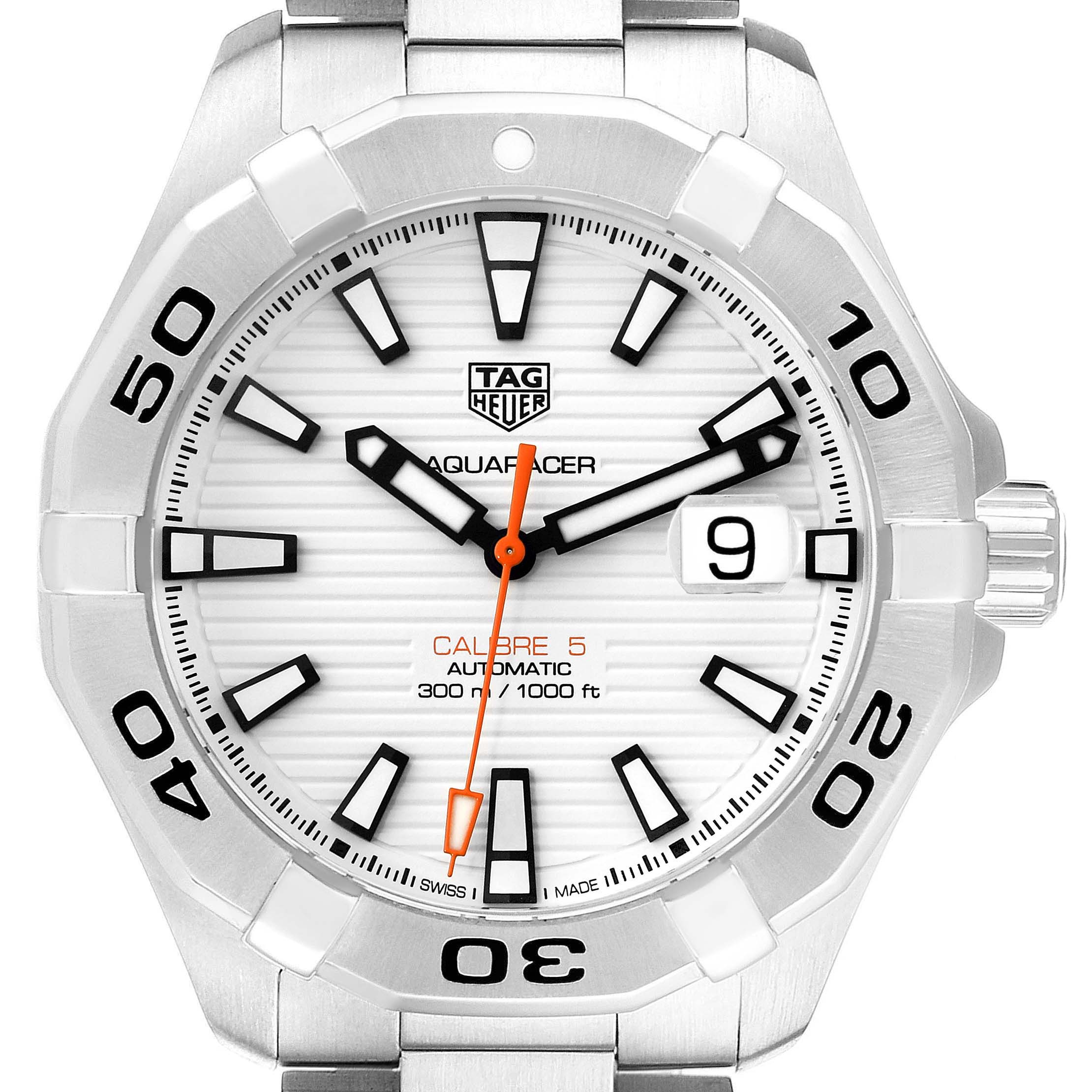 The image shows a front view of the Tag Heuer Aquaracer WAY2013.BA0927 Men's Stainless Steel White Dial WAY2013.BA0927 Men's Stainless Steel White Dial watch, displaying the dial and bezel clearly.