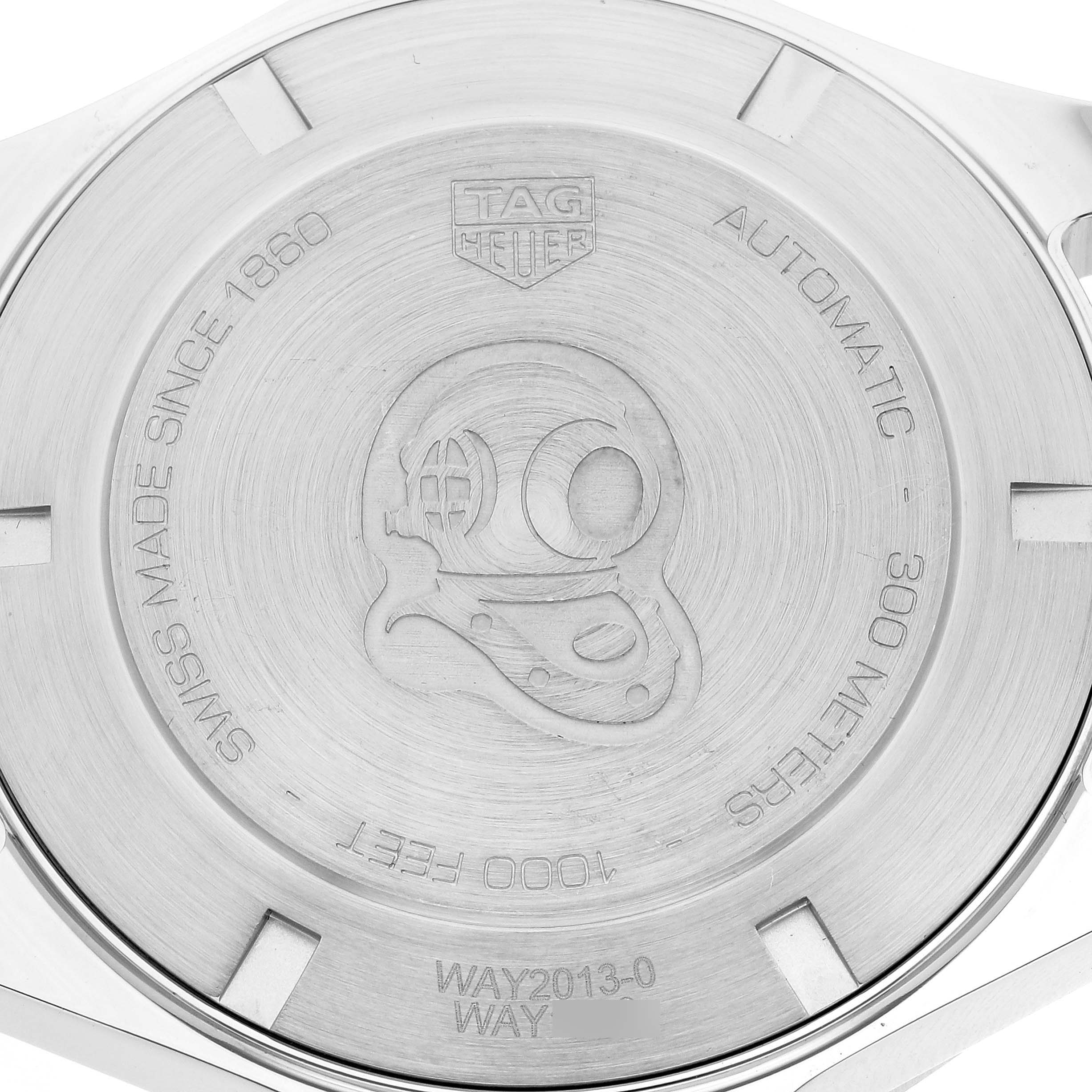 This image shows the case back of the Tag Heuer Aquaracer WAY2013.BA0927 Men's Stainless Steel White Dial WAY2013.BA0927 Men's Stainless Steel White Dial watch, displaying its engraving and specifications.