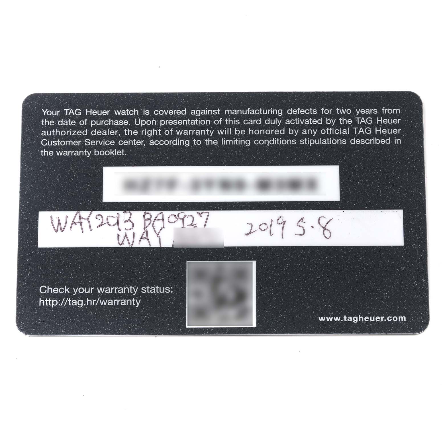 The image shows the warranty card for a Tag Heuer Aquaracer WAY2013.BA0927 Men's Stainless Steel White Dial WAY2013.BA0927 Men's Stainless Steel White Dial watch, displaying written details and warranty information.