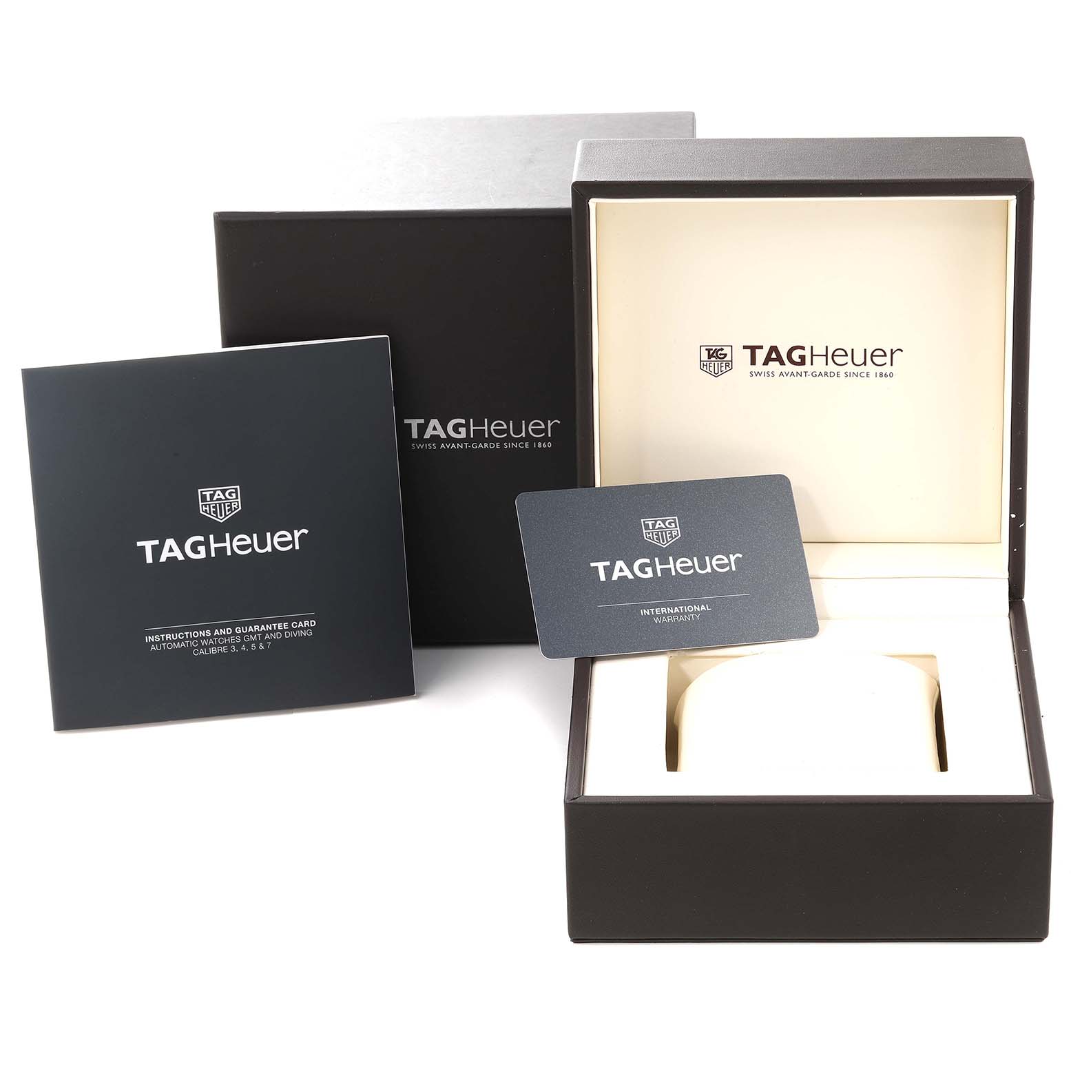 The image shows the packaging, instruction manual, warranty card, and watch box for a Tag Heuer Aquaracer WAY2013.BA0927 Men's Stainless Steel White Dial WAY2013.BA0927 Men's Stainless Steel White Dial.