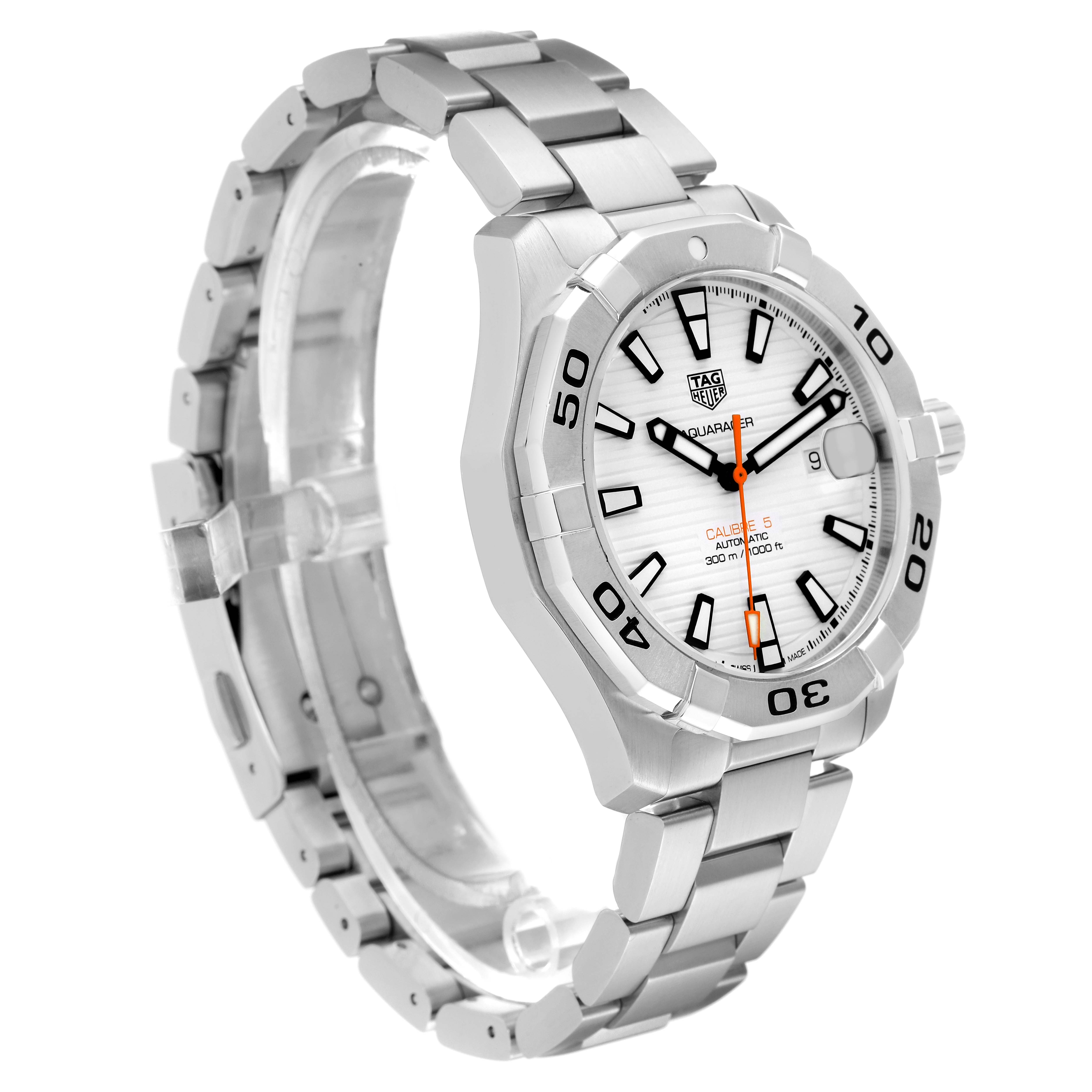 The image shows a side angle of the Tag Heuer Aquaracer WAY2013.BA0927 Men's Stainless Steel White Dial WAY2013.BA0927 Men's Stainless Steel White Dial watch, displaying its face, bezel, and bracelet.