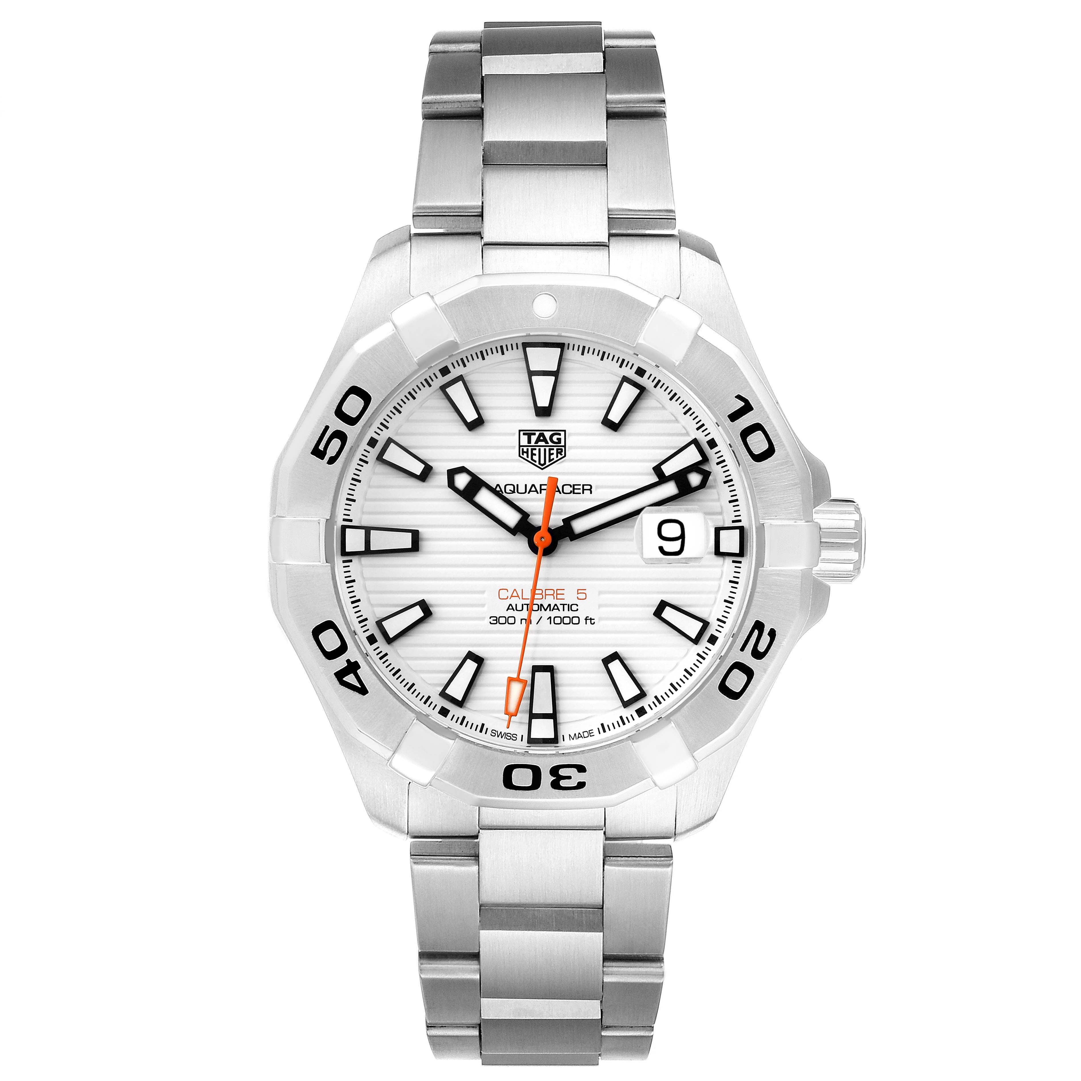 The image shows a front view of the Tag Heuer Aquaracer WAY2013.BA0927 Men's Stainless Steel White Dial WAY2013.BA0927 Men's Stainless Steel White Dial watch, highlighting its face, bezel, and bracelet.