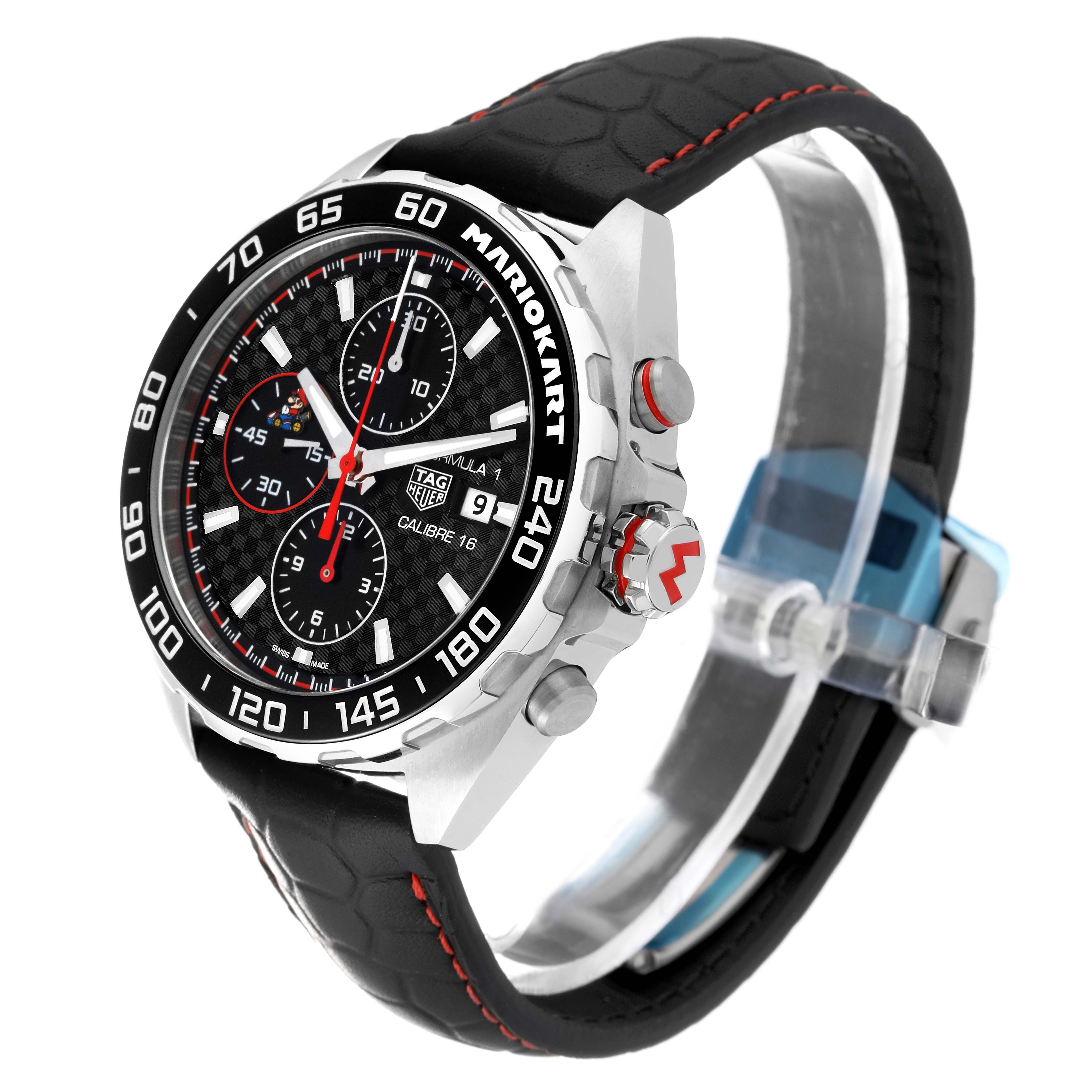 This image shows a Tag Heuer Formula 1 Limited Edition watch with a black strap, angled to display the dial, bezel, crown, and pushers.