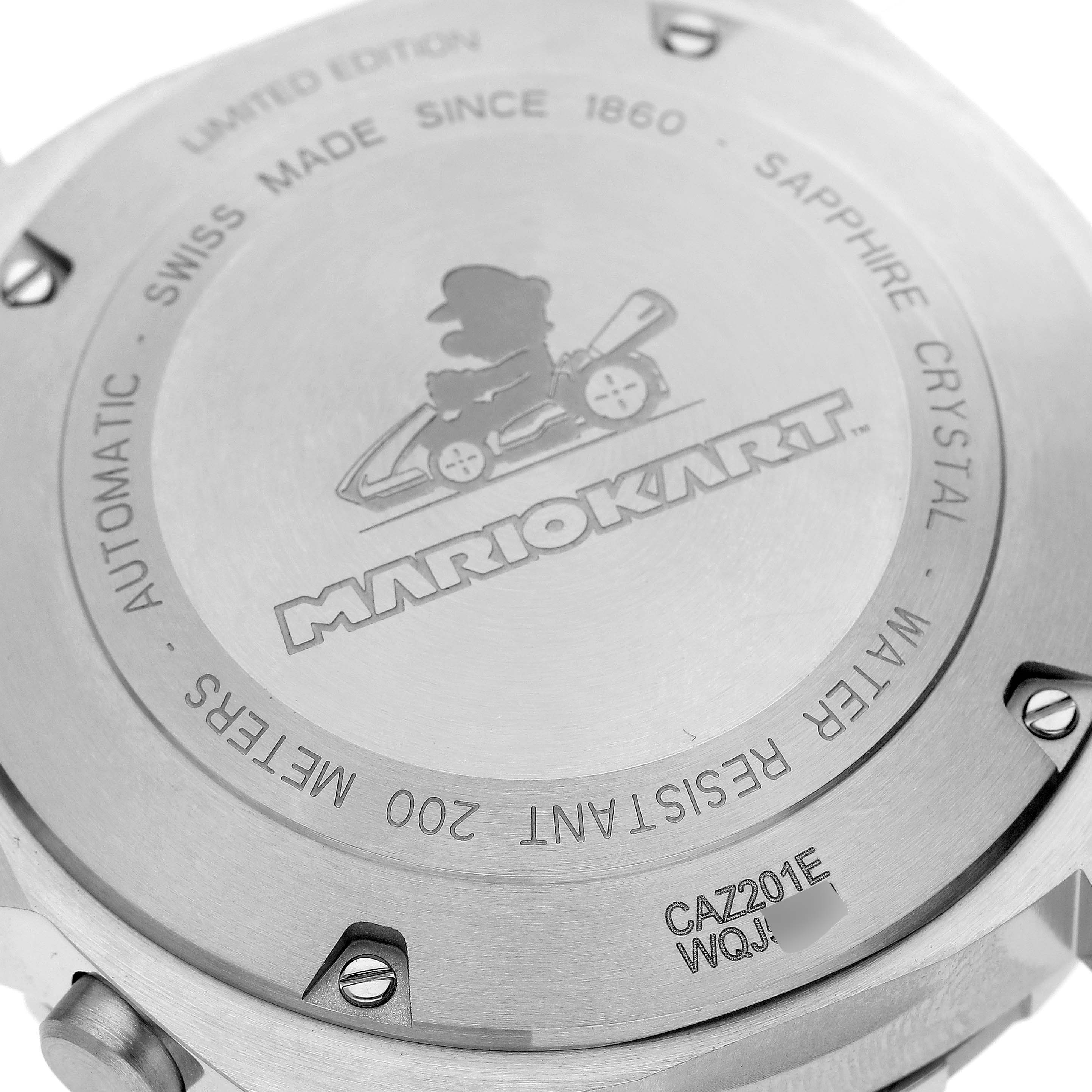 This image shows the case back of the Tag Heuer Limited Edition CAZ201E.FC6517 Men's Stainless Steel Black Dial CAZ201E.FC6517 Men's Stainless Steel Black Dial Mario Kart watch.