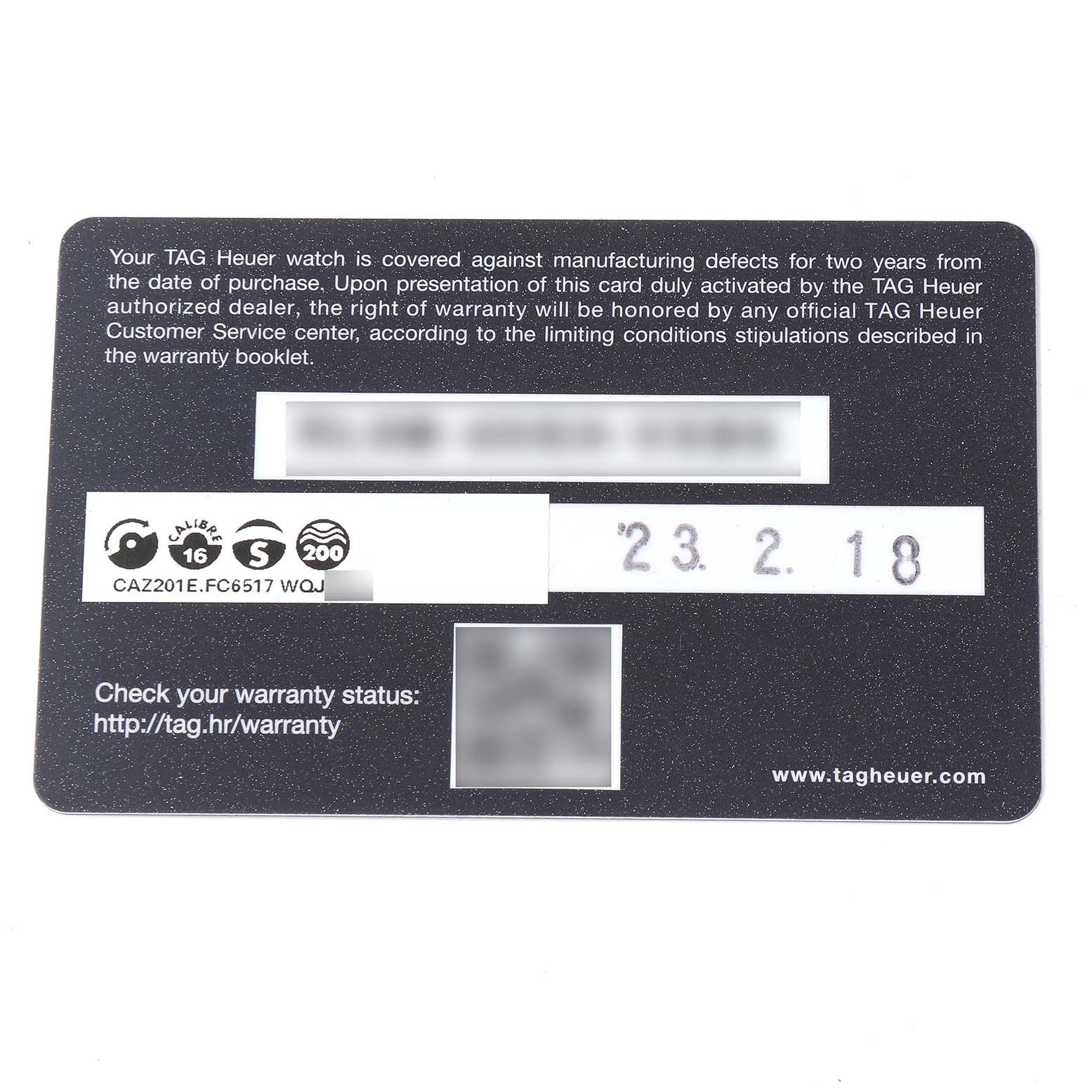 The image shows a warranty card for a Limited Edition Tag Heuer model CAZ201E.FC6517.