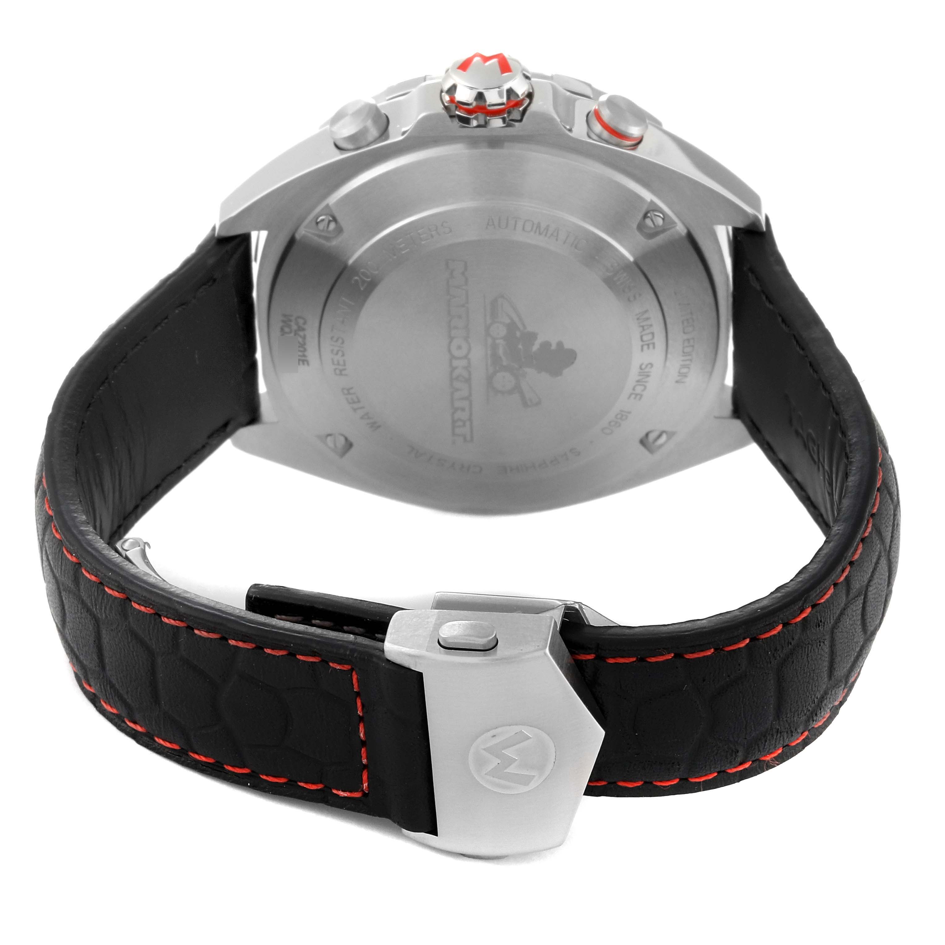 This image shows the back of a Tag Heuer Limited Edition CAZ201E.FC6517 Men's Stainless Steel Black Dial CAZ201E.FC6517 Men's Stainless Steel Black Dial watch, focusing on the case and the leather strap with red stitching.