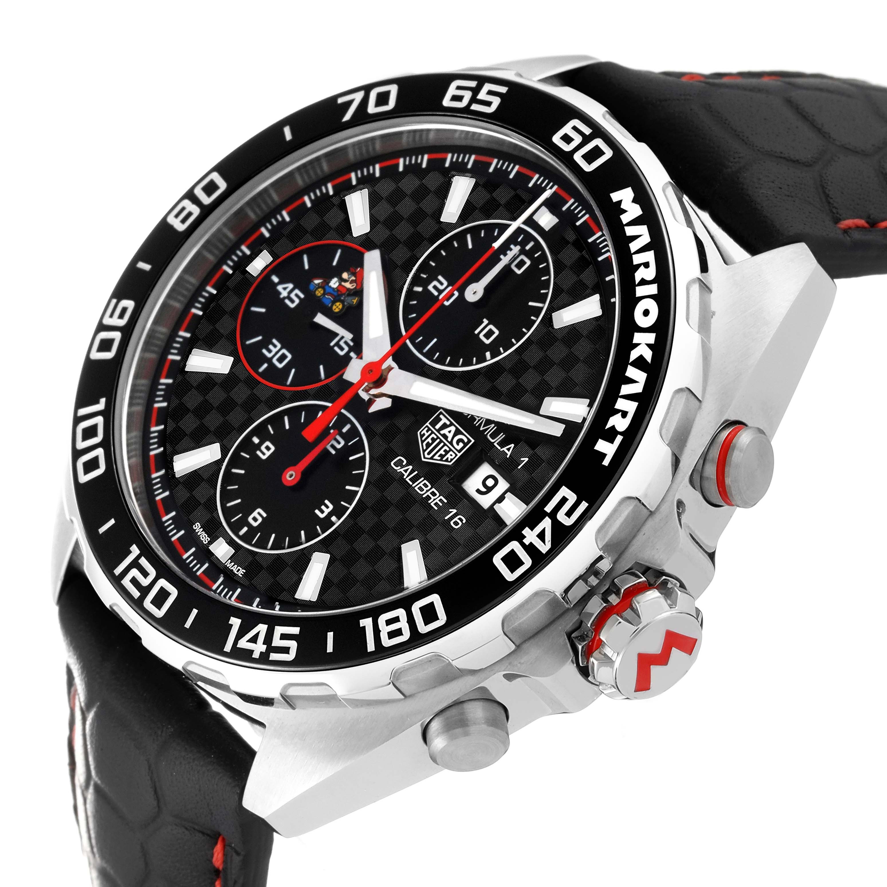 The image shows the face and right side of the Tag Heuer Limited Edition CAZ201E.FC6517 Men's Stainless Steel Black Dial CAZ201E.FC6517 Men's Stainless Steel Black Dial Mario Kart Formula 1 watch at an angled view.