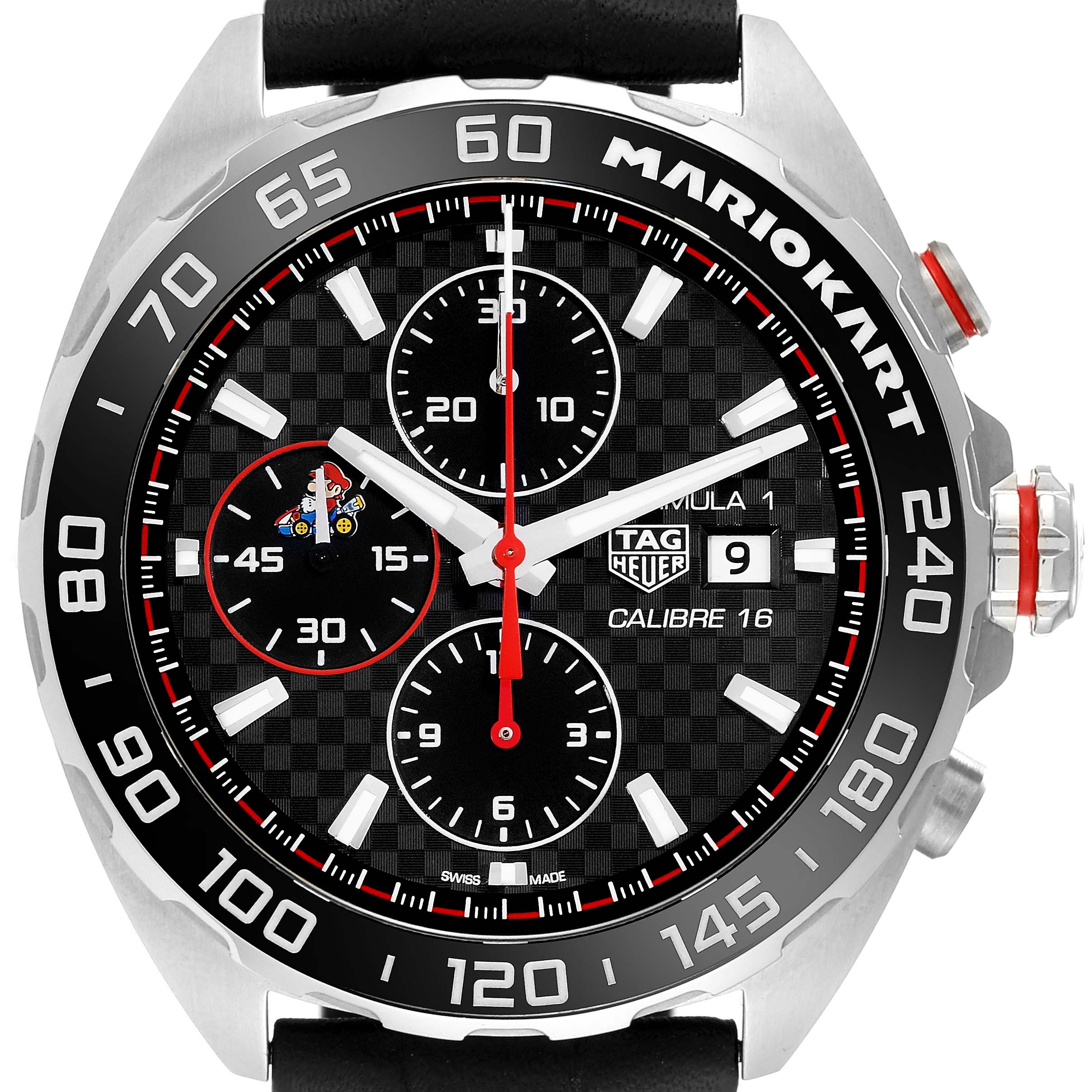 The image shows the face of a Tag Heuer Limited Edition CAZ201E.FC6517 Men's Stainless Steel Black Dial CAZ201E.FC6517 Men's Stainless Steel Black Dial Mario Kart Formula 1 Calibre 16 watch, including its bezel, subdials, and date window.