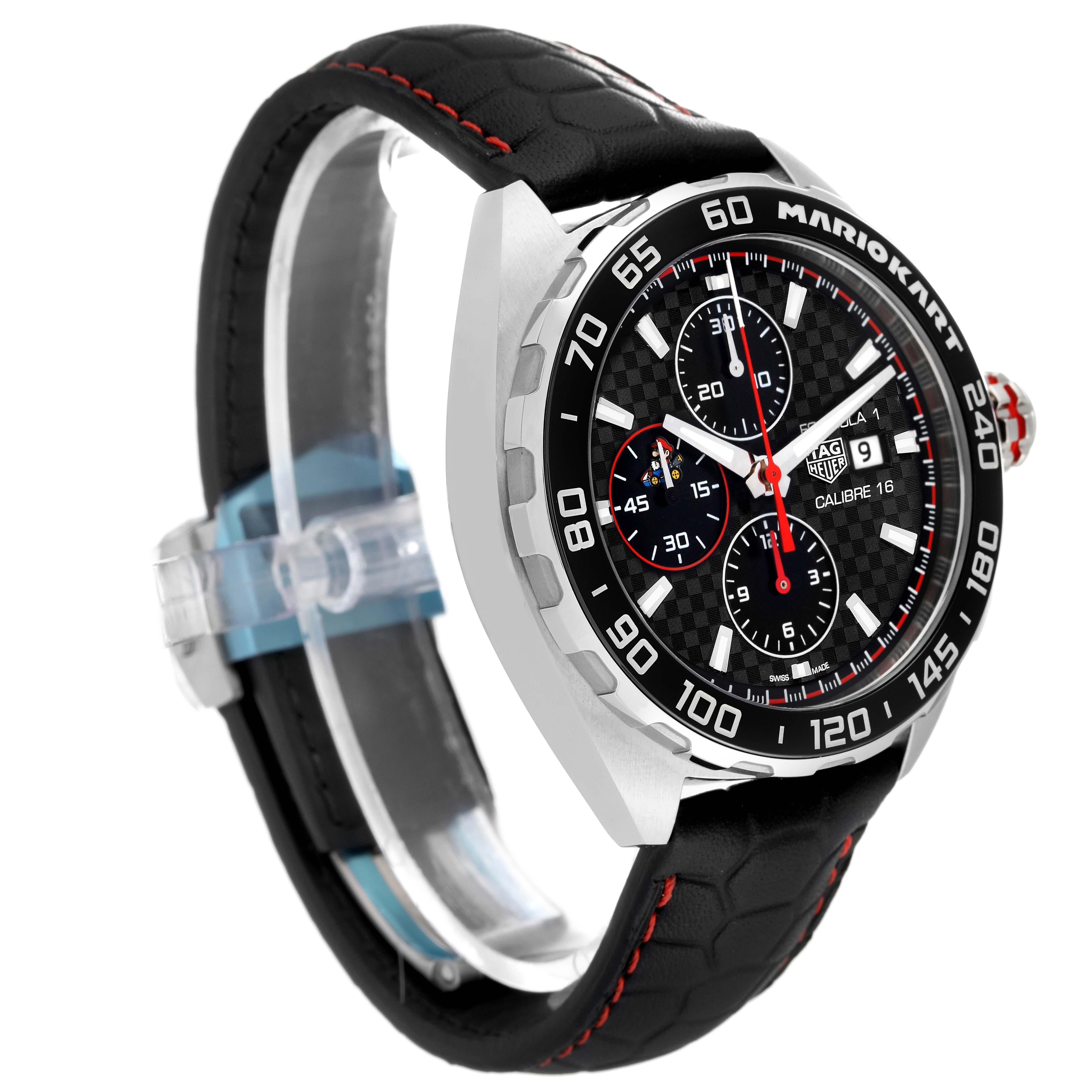 The image shows a side view of the Tag Heuer Limited Edition CAZ201E.FC6517 Men's Stainless Steel Black Dial CAZ201E.FC6517 Men's Stainless Steel Black Dial Mario Kart watch, highlighting the watch face and black strap.
