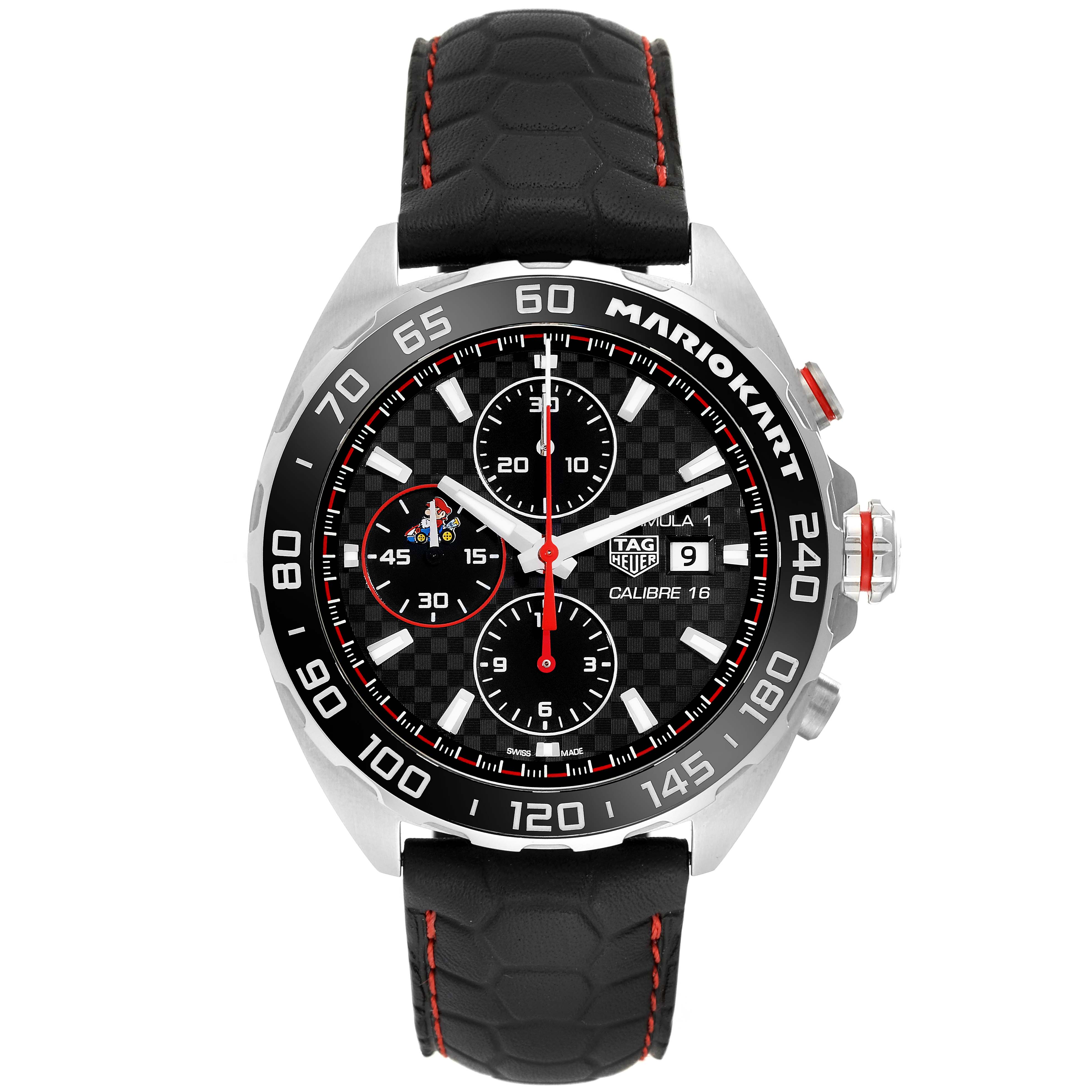 This is a front view of the Tag Heuer Formula 1 Mario Kart Limited Edition watch, showing its face and strap.